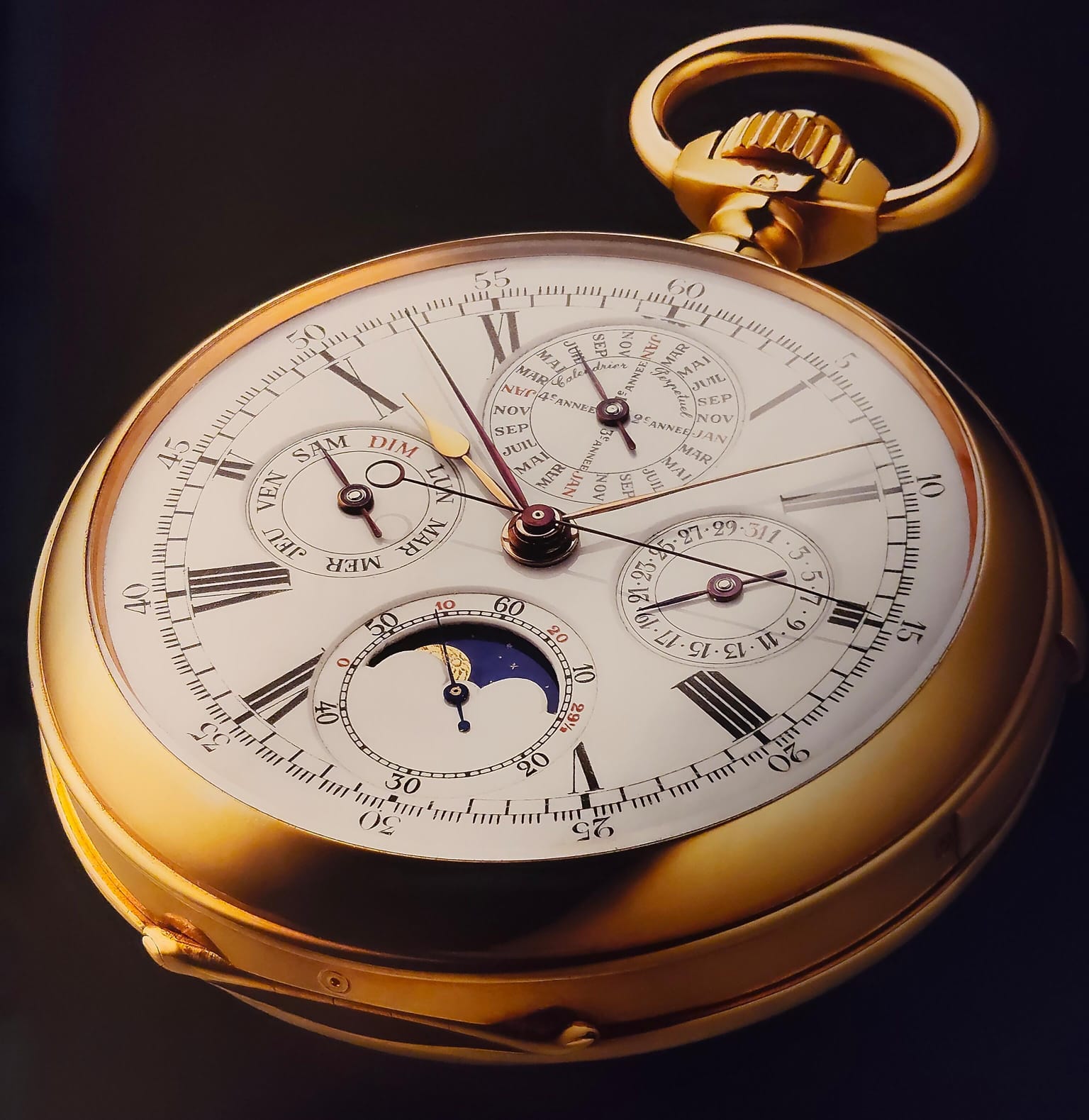 Grand complication pocket watch with perpetual calendar and moon phase, representative of the high-complication lots at Geneva spring auctions