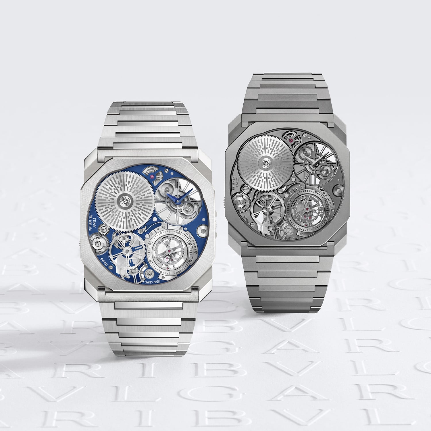 Press comparison shot placing the new platinum reference 103832 on the left, with its blue galvanic mainplate, alongside the existing titanium Ultra Tourbillon variant on the right for lineage context