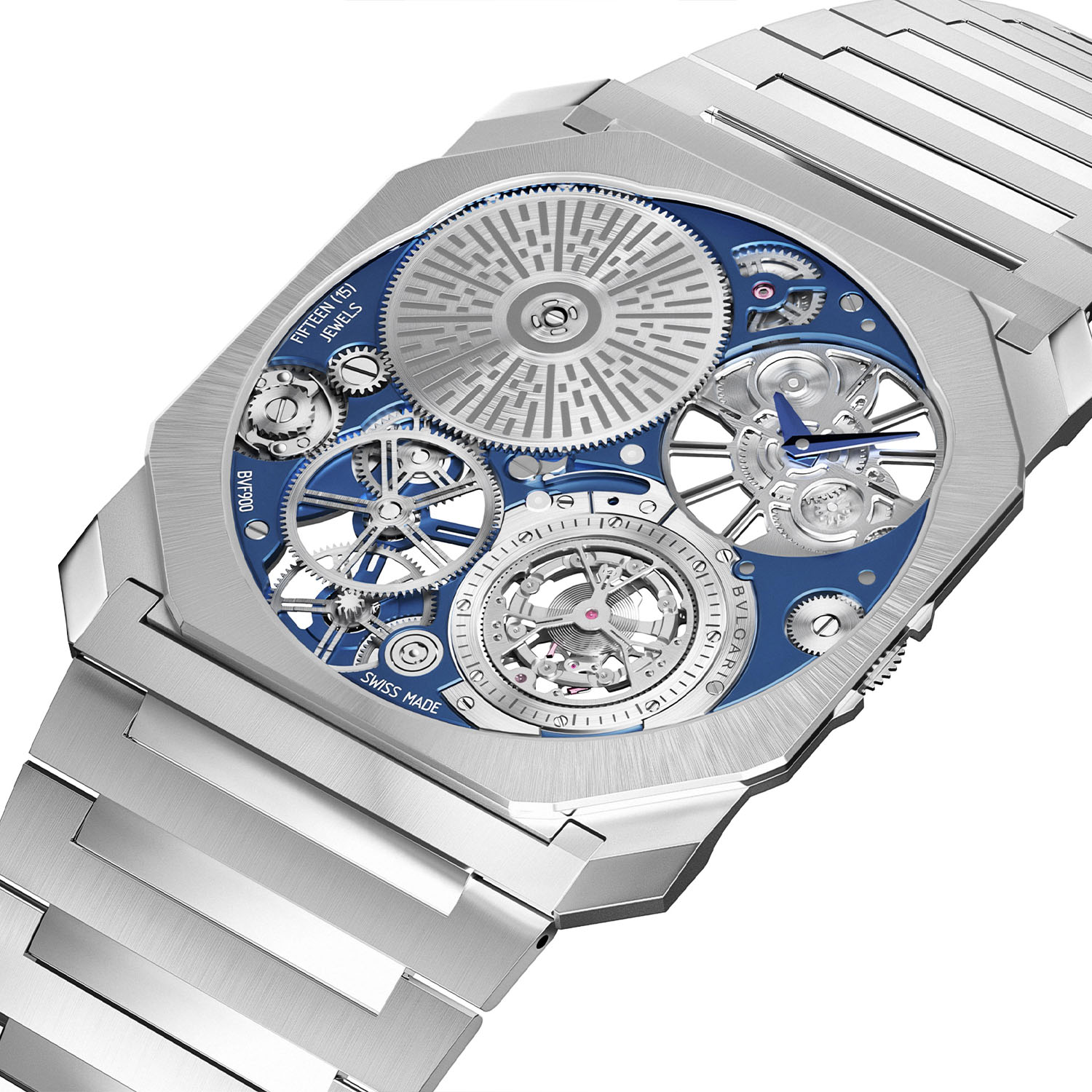 Octo Finissimo Ultra Tourbillon Platinum reference 103832, three-quarter view showing the blue galvanic mainplate, BVF900 caliber engraving, FIFTEEN (15) JEWELS designation, tourbillon cage at lower right, and integrated platinum bracelet