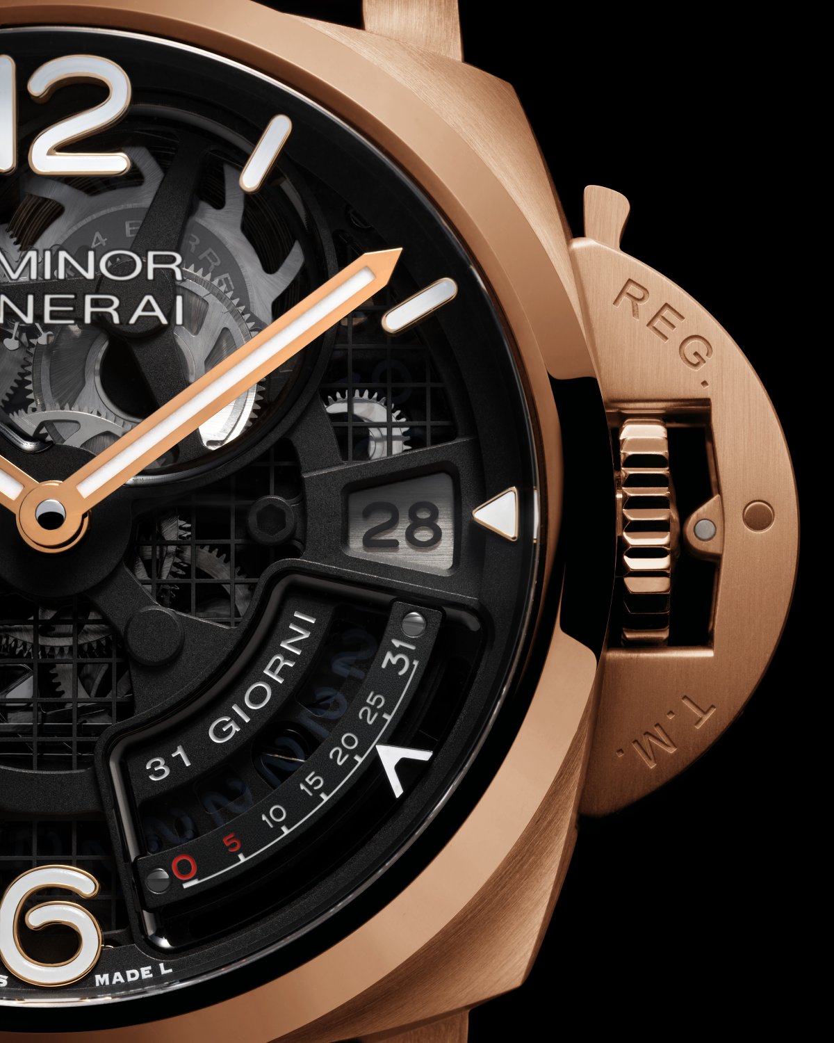 Macro study of the PAM01631 dial, focused on the small seconds at 9 and the skeleton bridgework revealing the four-barrel going train of calibre P.2031/S