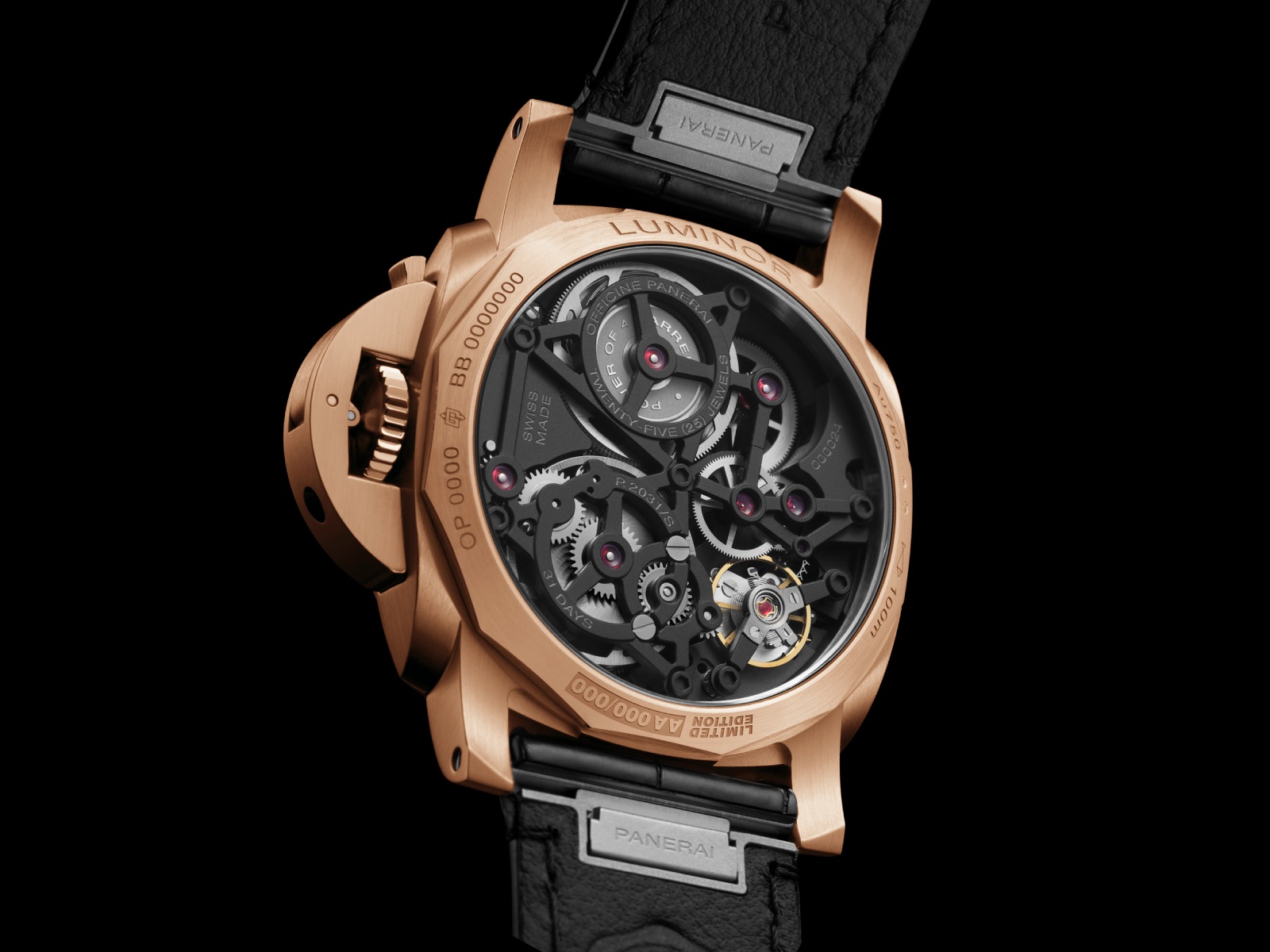 Caseback view of PAM01631 showing the display sapphire, the P.2031/S caliber and LUMINOR engraving around the case flank, and the 31 DAYS / 100m engraving on the outer ring
