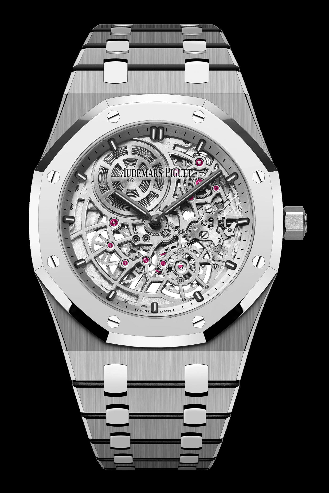 Full portrait view of reference 16204XT on an integrated titanium bracelet with BMG studs, showing the satin-brushed titanium case flanks, BMG bezel and the lighter-coloured bracelet centre links