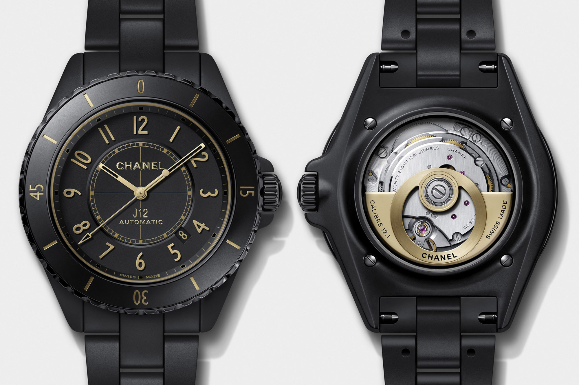 Chanel J12 Golden Black 42mm front and caseback, matte black ceramic case and bracelet with gold indices, sapphire caseback showing the Kenissi Calibre 12.1 with gold rotor and CHANEL CALIBRE 12.1 signature over the movement bridges