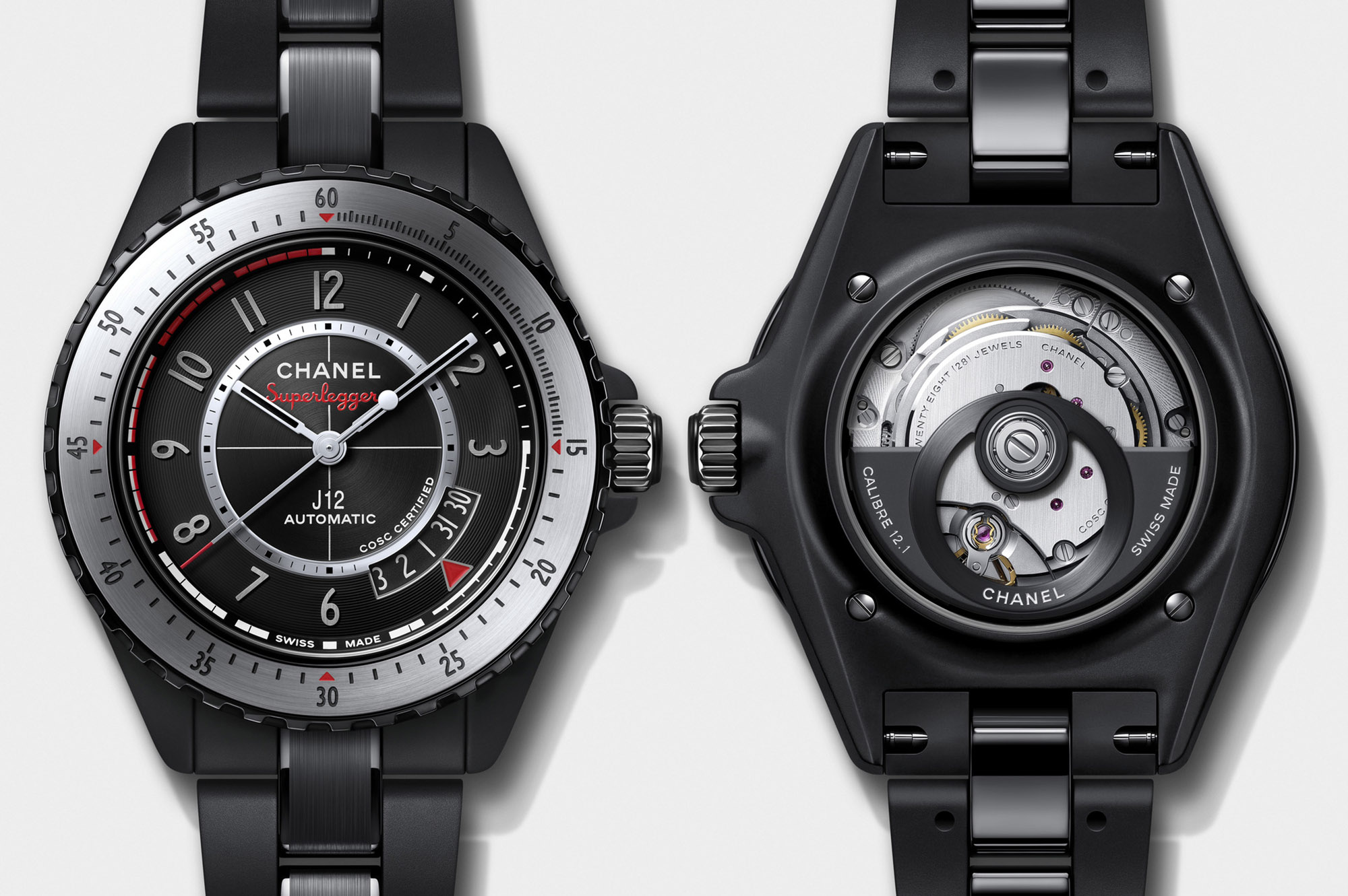 Chanel J12 Superleggera 42mm front and caseback, matte black ceramic case with brushed-steel bezel, sapphire caseback showing the Kenissi Calibre 12.1 with silver-toned rotor and CHANEL CALIBRE 12.1 signature, 28 jewels