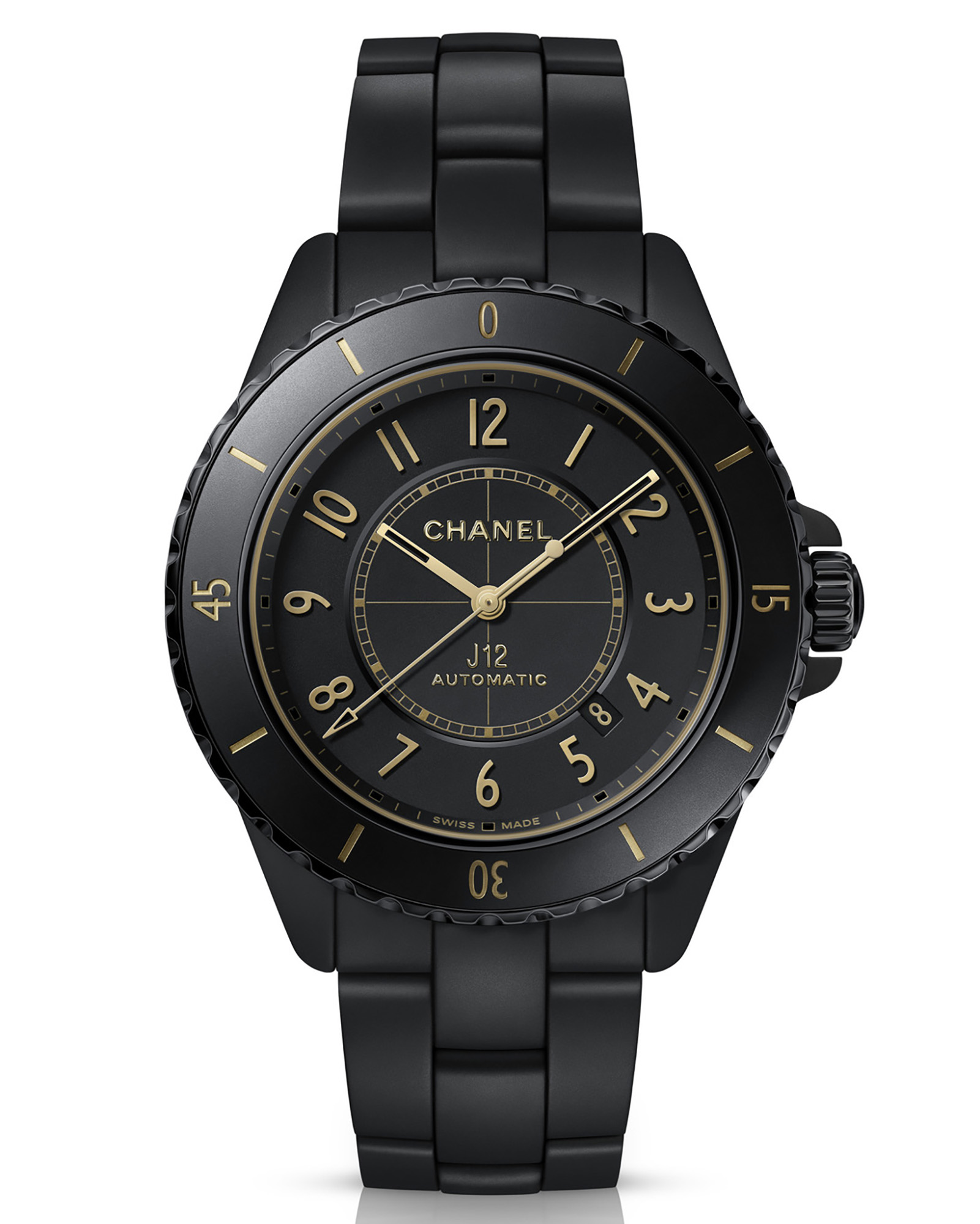 Chanel J12 Golden Black 42mm in matte black ceramic, 42mm case and bracelet, gold-toned applied Arabic numerals and indices, gold hands and gold logo, black ceramic bezel with gold indices, CHANEL and J12 AUTOMATIC signatures on the black dial