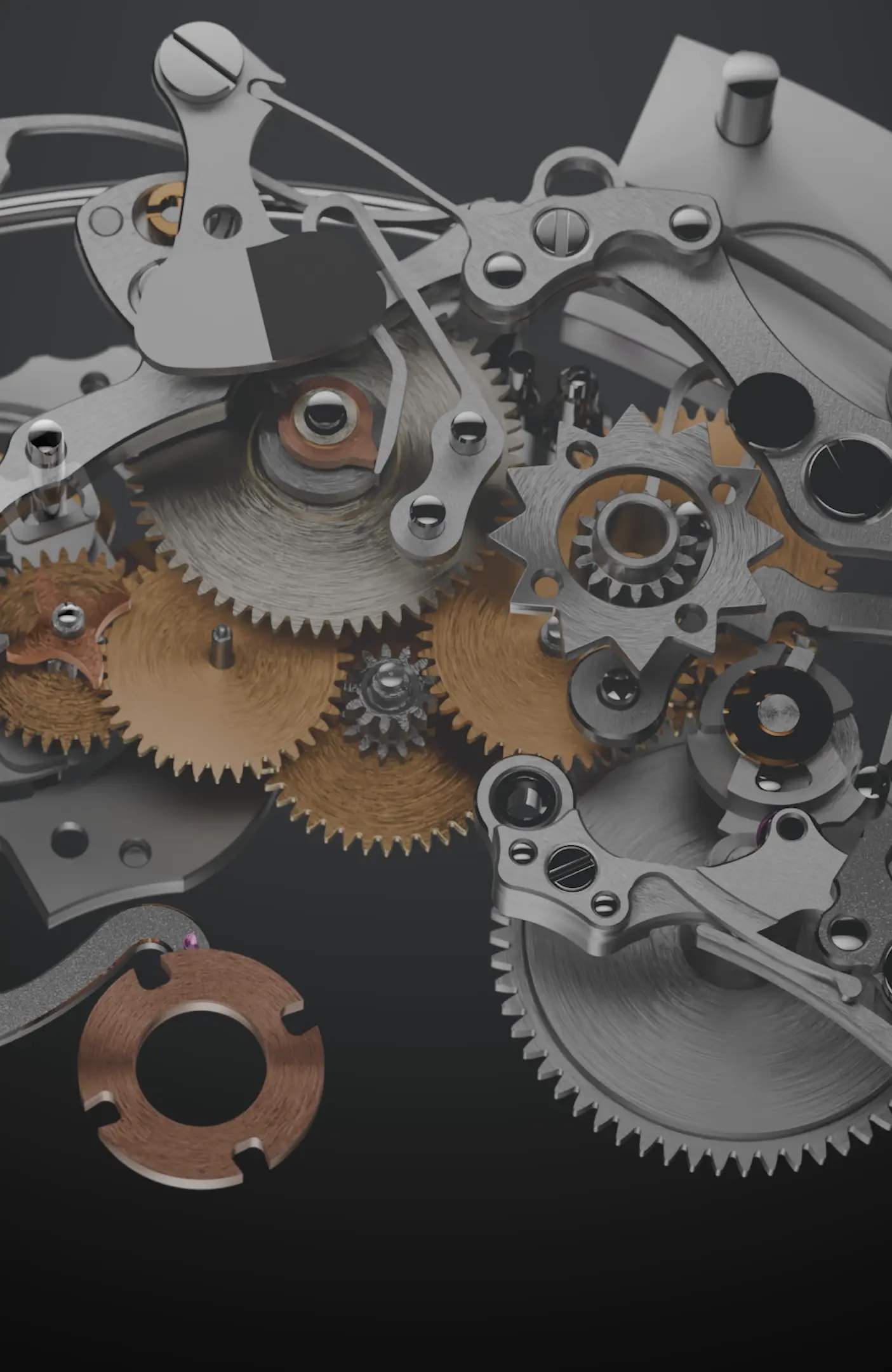 Detail of the Calibre AL 30-660 S C alarm mechanism showing the regulator wheel, the striking hammer, brass alarm-barrel components, and the 21-karat gold micro-rotor edge