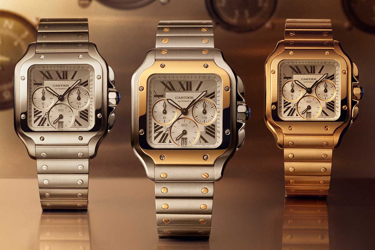 Three 2026 Cartier Santos de Cartier Chronograph XL watches shown side by side, left to right in steel, two-tone steel and yellow gold, and solid yellow gold, each with a silver sunburst dial, black Roman numerals, applied tricompax subdials and exposed bezel screws on the square case
