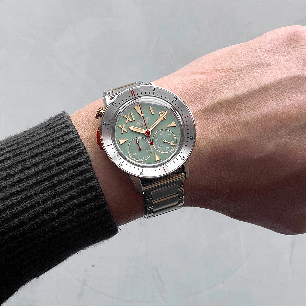 Thundergraph Khumbu profile, 12mm height, monopusher at 9:30 and crown at 10:30 visible on the left flank of the steel case