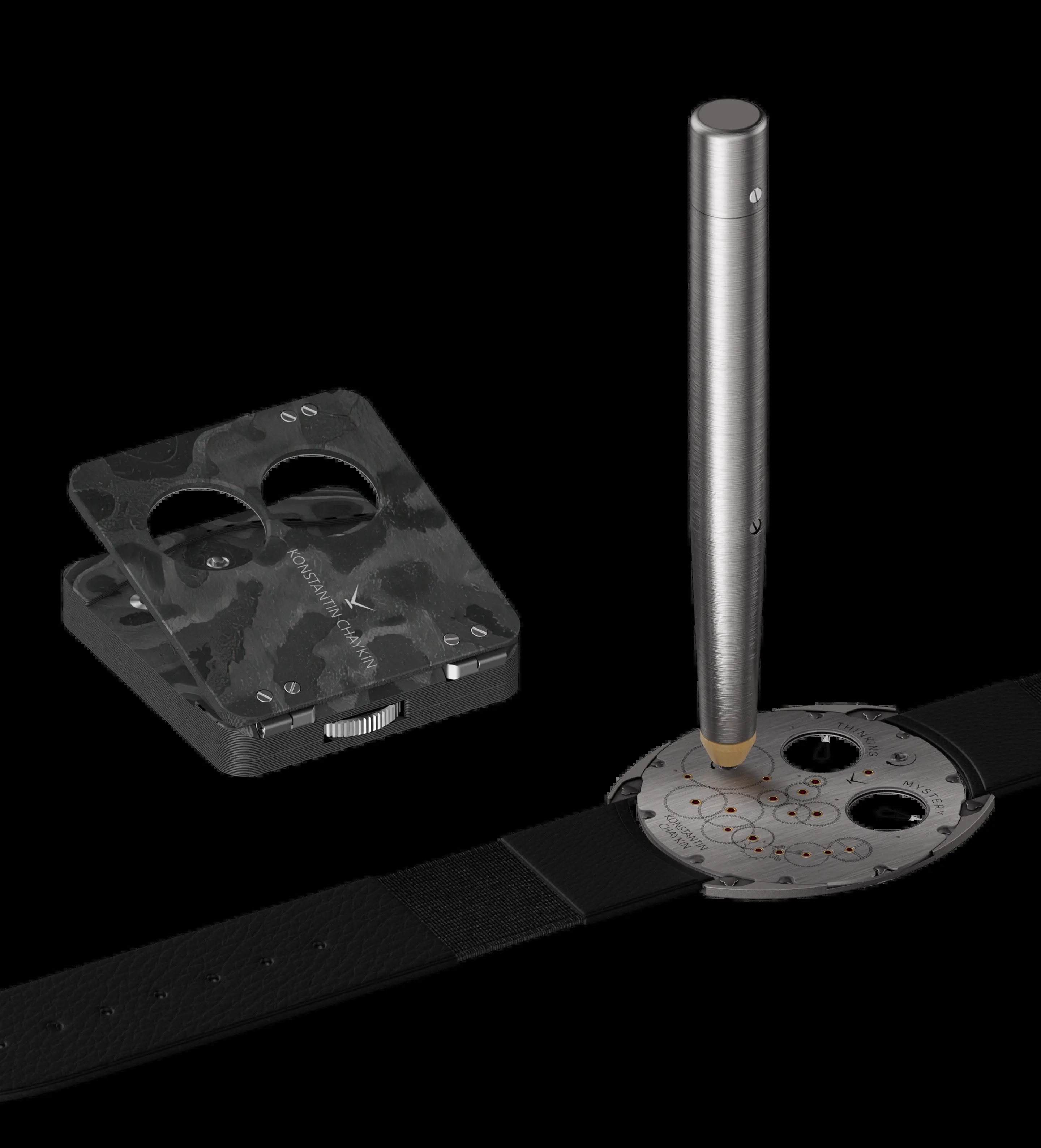 ThinKing Mystery dial macro, two transparent sapphire indicator discs visible with hour and minute tick marks, no visible movement behind them, hour markers around the periphery