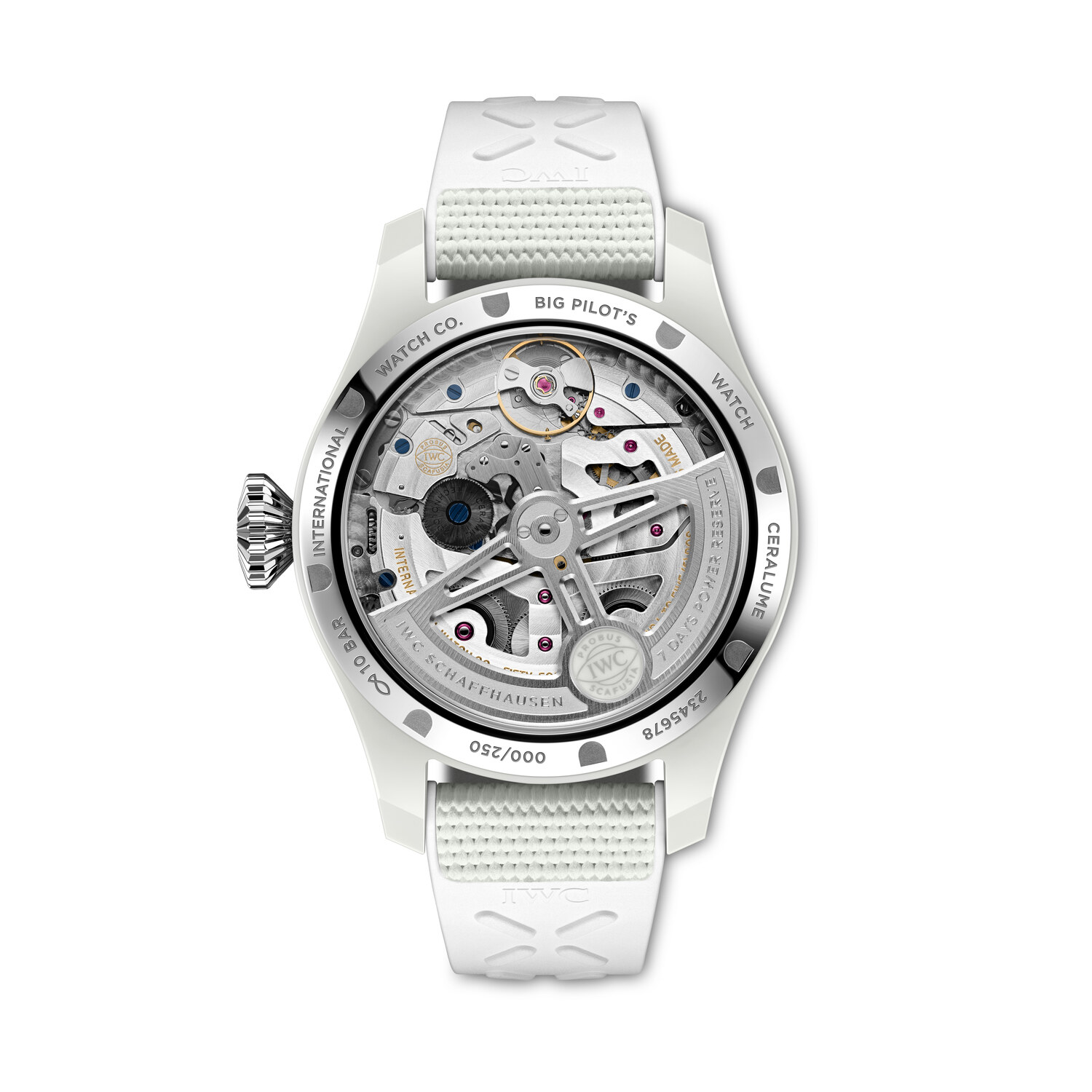 Big Pilot Ceralume on a hand for scale, 46.5mm white ceramic case with the four-digit year display visible between the 7 and 8 hour markers, perpetual calendar sub-dials clearly laid out