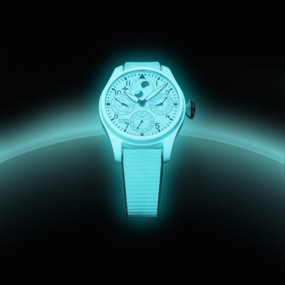 IWC Big Pilot Watch Perpetual Calendar Ceralume in 46.5mm white luminous ceramic case, white dial with four sub-dials for moon phase, day, date and month, four-digit year aperture between 7 and 8, white rubber strap