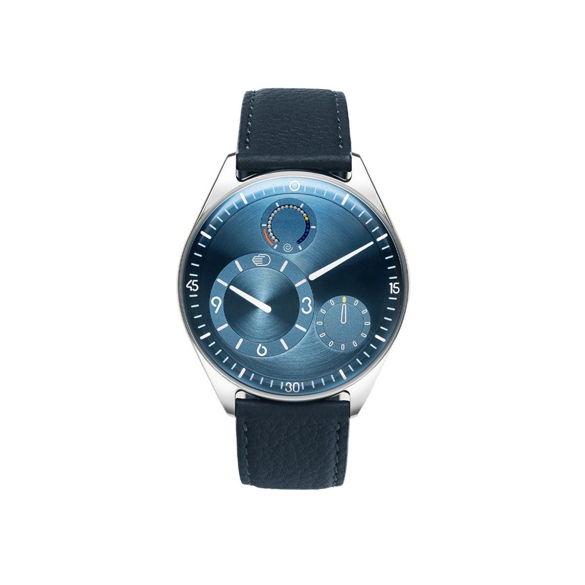 Ressence Type 11 Sky in light blue, polished titanium case, three rotating satellite sub-dials and a ceramic-ball power reserve indicator near the 12 position, navy blue leather strap