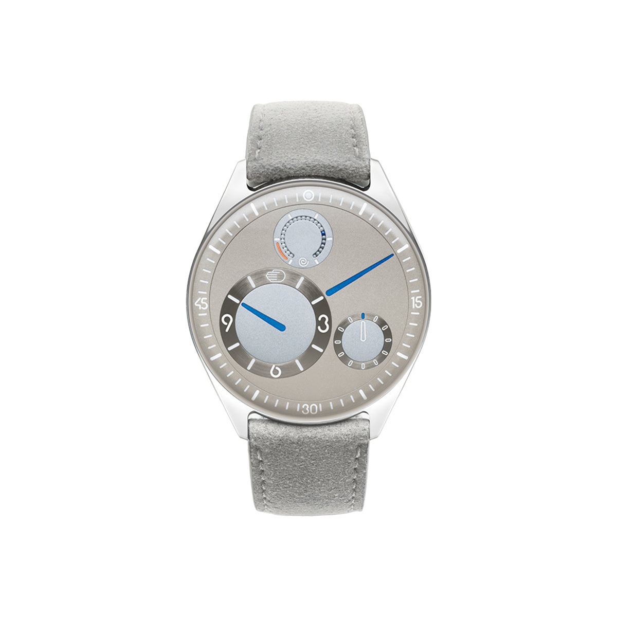 Ressence Type 11 Latte with off-white sunburst convex dial, polished titanium case, three rotating satellites with blue hands and a grey alcantara strap