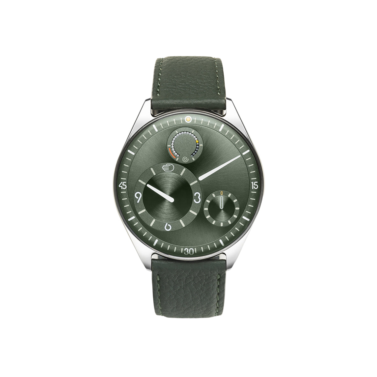 Ressence Type 11 Pine with polished titanium pebble case, Pine green sunburst convex dial, three eccentric satellite sub-dials, ceramic-ball power reserve indicator near 12 and a green grained leather strap