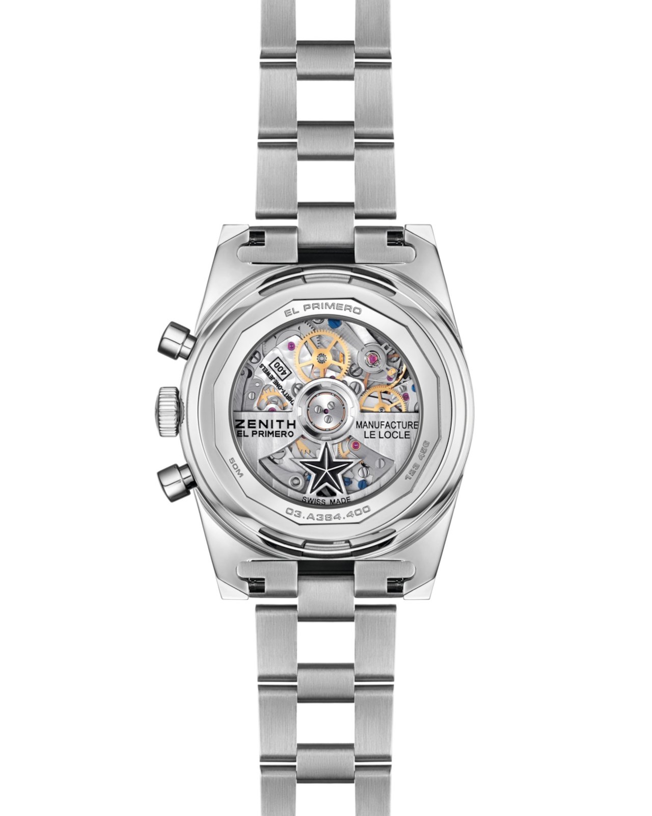 Caseback view of the Zenith Chronomaster Revival A384 Tropical reference 03.A384.400/69.M384 showing the El Primero calibre 400 movement under sapphire, the Zenith star logo, the engraved text EL PRIMERO MANUFACTURE LE LOCLE around the case, and the reference 03.A384.400 stamped on the lower flank, on the polished steel ladder bracelet