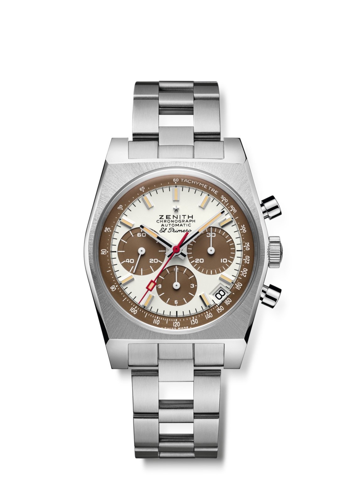 Zenith Chronomaster Revival A384 Tropical reference 03.A384.400/69.M384, 37mm tonneau-shaped stainless steel case with polished bevels and radial-brushed bezel, white lacquered dial with three chocolate-brown panda sub-dials at three, six and nine, brown tachymeter scale on the rehaut, applied faceted indices, red chronograph seconds hand and date window at four-thirty, on the steel ladder bracelet inspired by the Gay Freres original