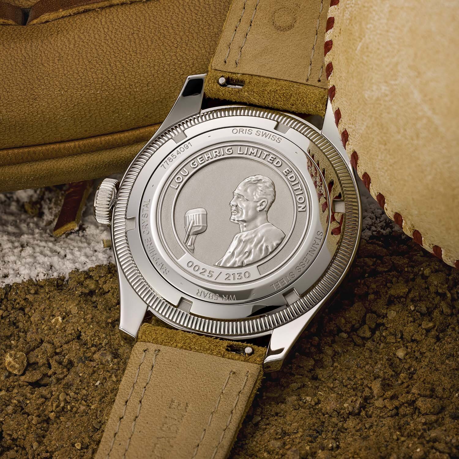 The sealed steel caseback engraved with an image of Lou Gehrig at the microphone giving his 1939 farewell speech, marking the limited edition of 2,130 pieces