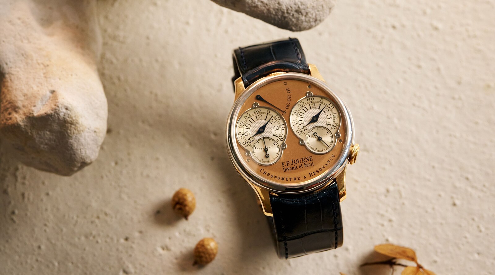 F.P. Journe Chronomètre à Résonance Souscription number 007 with salmon gilt dial, two silvered subsidiary dials and blued hands, rose gold case on a dark blue alligator strap, lot 10 of the sale