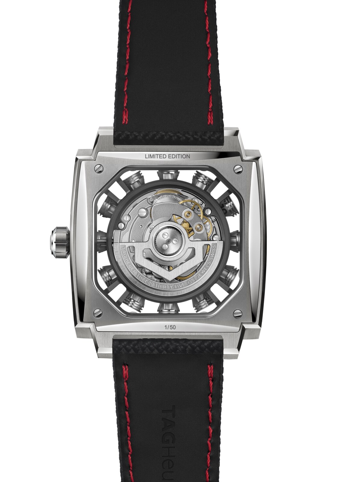 Sapphire caseback of the Monaco Speed 12 with LIMITED EDITION and 1/50 engravings on the titanium frame, the calibre TH84-00 and its 35-jewel inscription visible through the crystal
