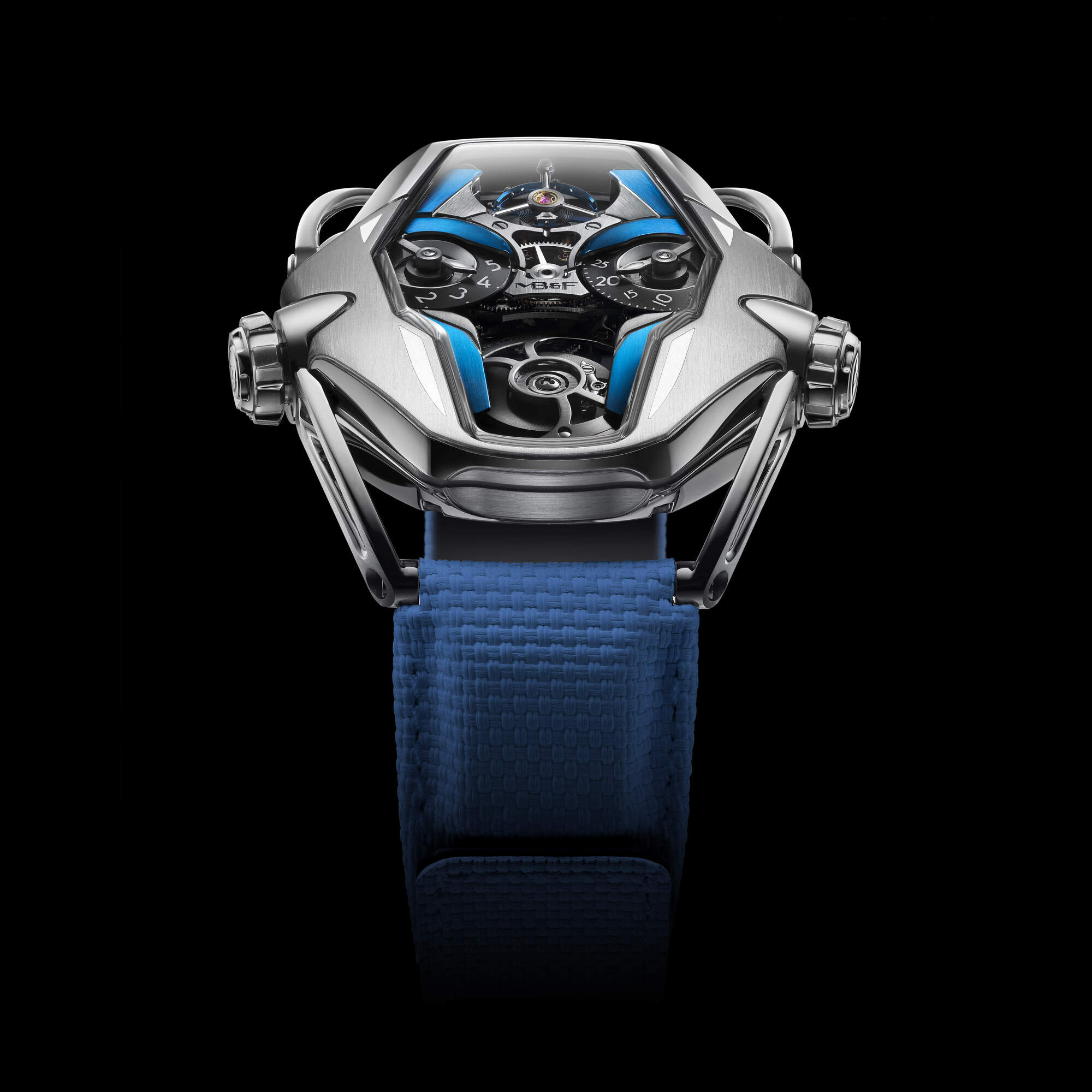 MB&F HM12 The Guardian, blue edition, grade 5 titanium case with blue accents, jumping hour and trailing minute discs as the robot's eyes, flying tourbillon above, on a blue textile strap