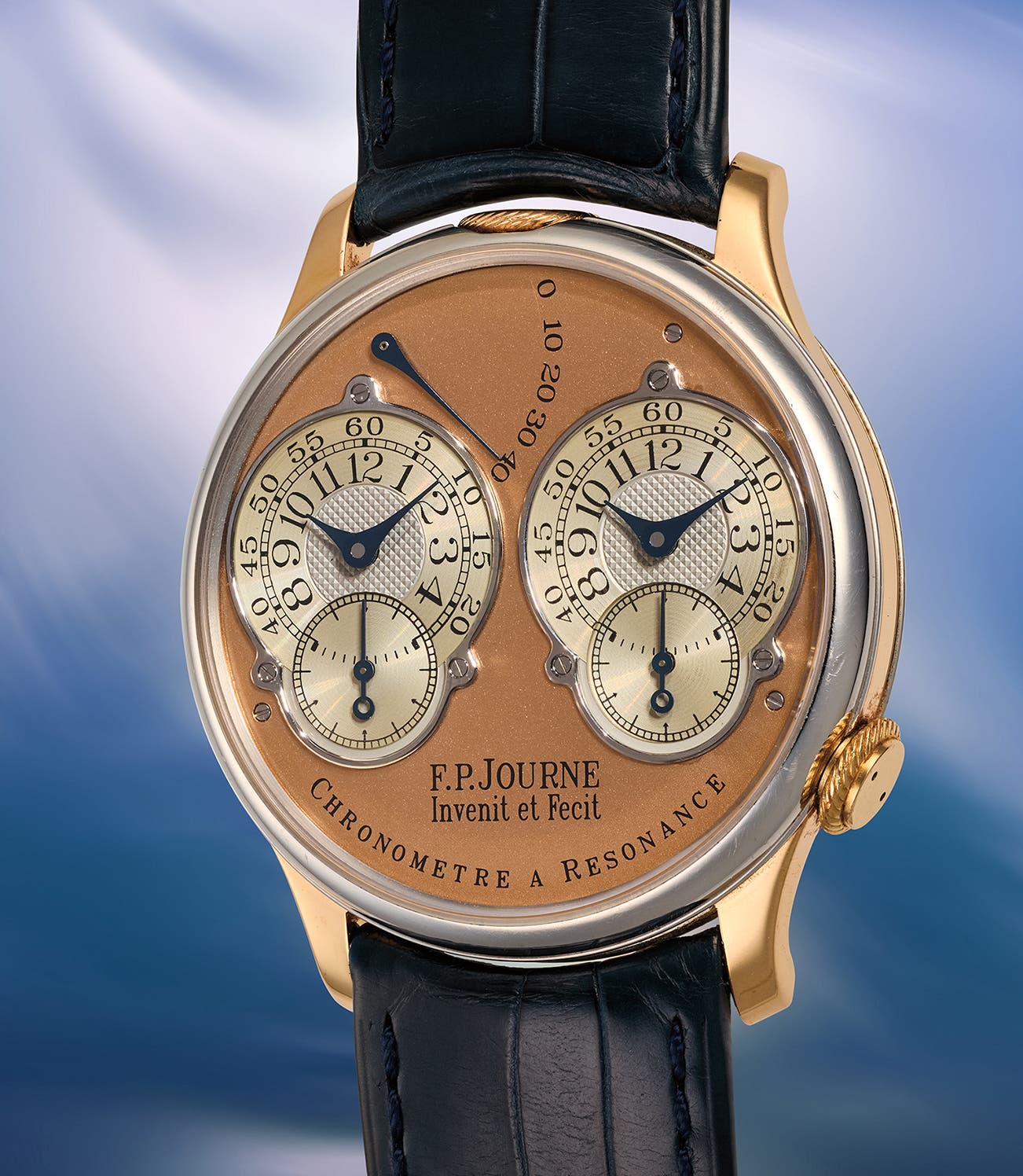 F.P. Journe Chronomètre à Résonance 'Souscription, No. 007', platinum and 18-karat pink gold case, pink gold dial with twin silvered subsidiary dials, engraved F.P.Journe Invenit et Fecit and Chronomètre à Résonance, on a dark blue crocodile strap