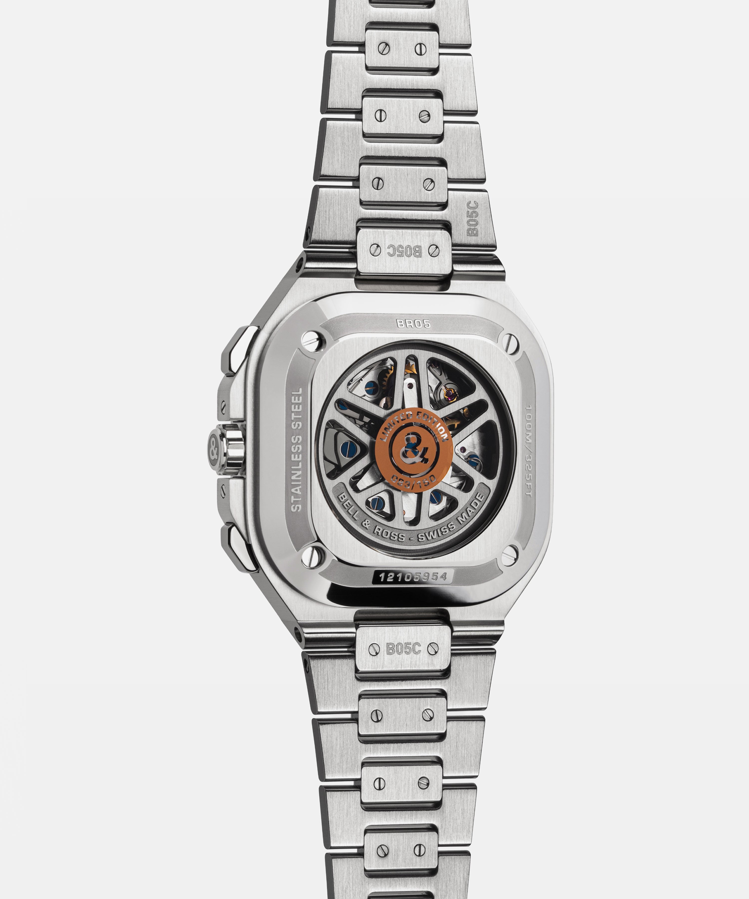 Caseback of the BR-05 Chrono S.T. Dupont, sapphire crystal over the skeletonised oscillating weight with the Bell & Ross ampersand medallion, engraved STAINLESS STEEL and BR05, on the two-tone bracelet