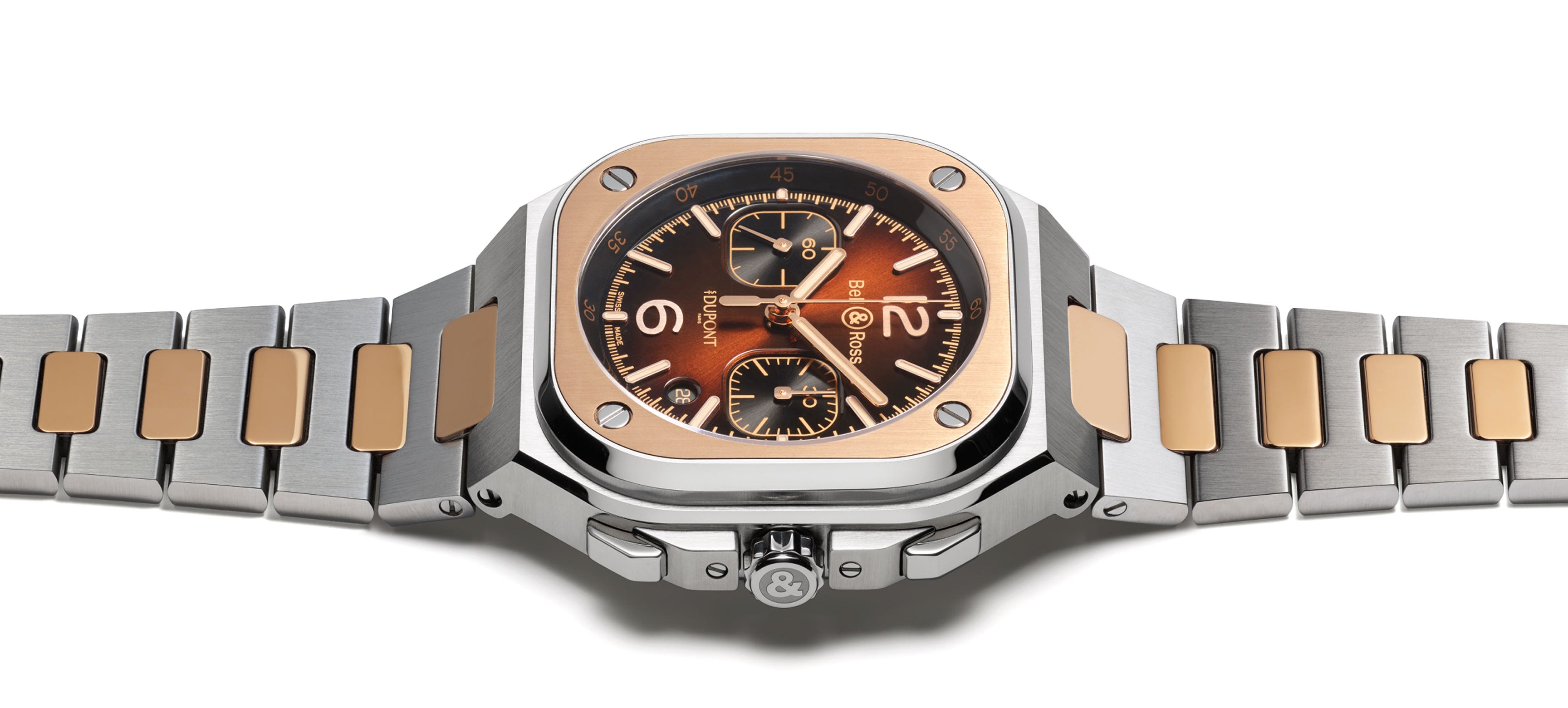 The lacquered Macassar ebony presentation box opened, lined in cedar and embossed Bell & Ross and S.T. Dupont, holding the watch alongside a cigar cutter and a Ligne 2 lighter