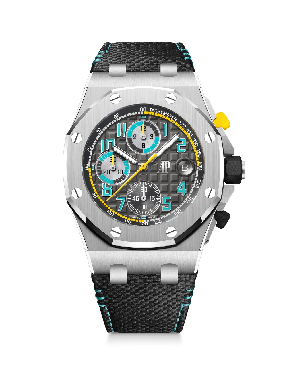 Audemars Piguet Royal Oak Offshore Selfwinding Chronograph 42mm in titanium, reference 26238TI, grey Méga Tapisserie dial with turquoise Arabic numerals and a yellow central chronograph hand, on a black textile strap with turquoise stitching