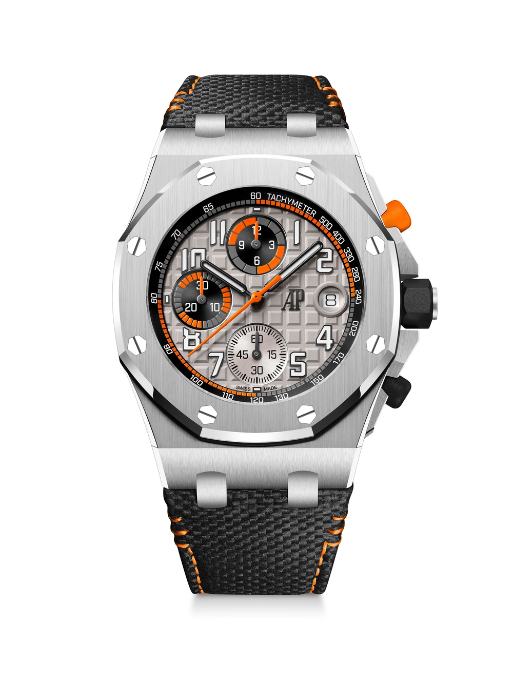 Audemars Piguet Royal Oak Offshore Selfwinding Chronograph 42mm in stainless steel, reference 26238ST, grey dial with an orange chronograph track and accents and an orange pusher, on a black textile strap with orange stitching