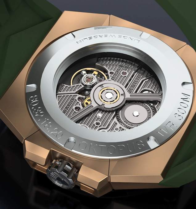 Exhibition caseback of the bronze Linde Werdelin Oktopus III, engraved LINDE WERDELIN OKTOPUS and WR 300M, showing the automatic Calibre LW09 through the sapphire