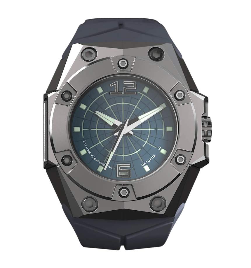 Linde Werdelin Oktopus III in five-part titanium with a blue radar-pattern dial and blue rubber strap, the sibling titanium version