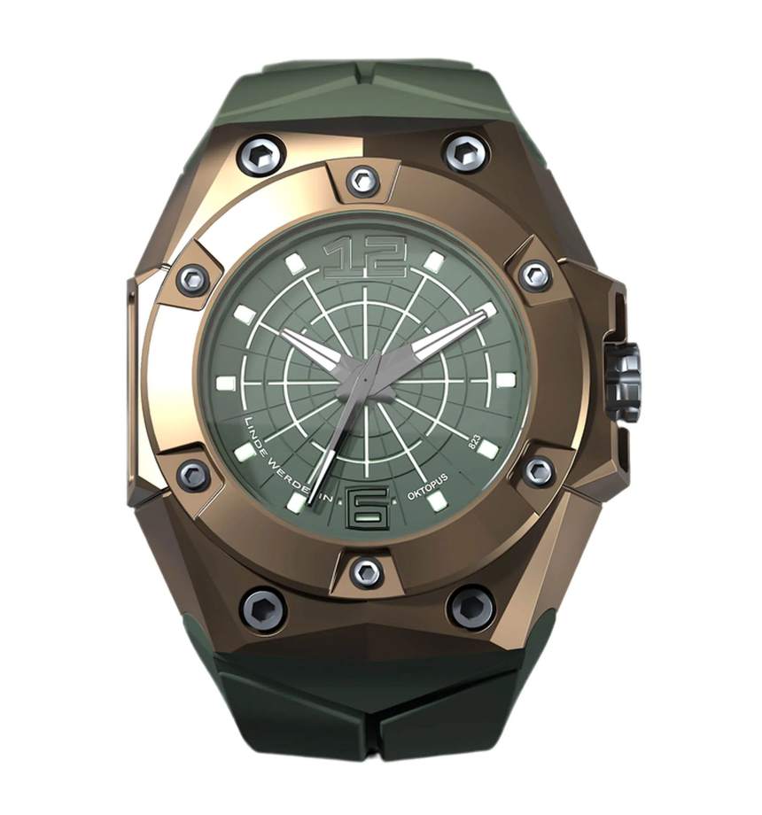 Linde Werdelin Oktopus III in nautical bronze with an olive-green dial and matching green rubber strap, the angular multi-part case with exposed hex screws around a radar-pattern dial reading LINDE WERDELIN OKTOPUS