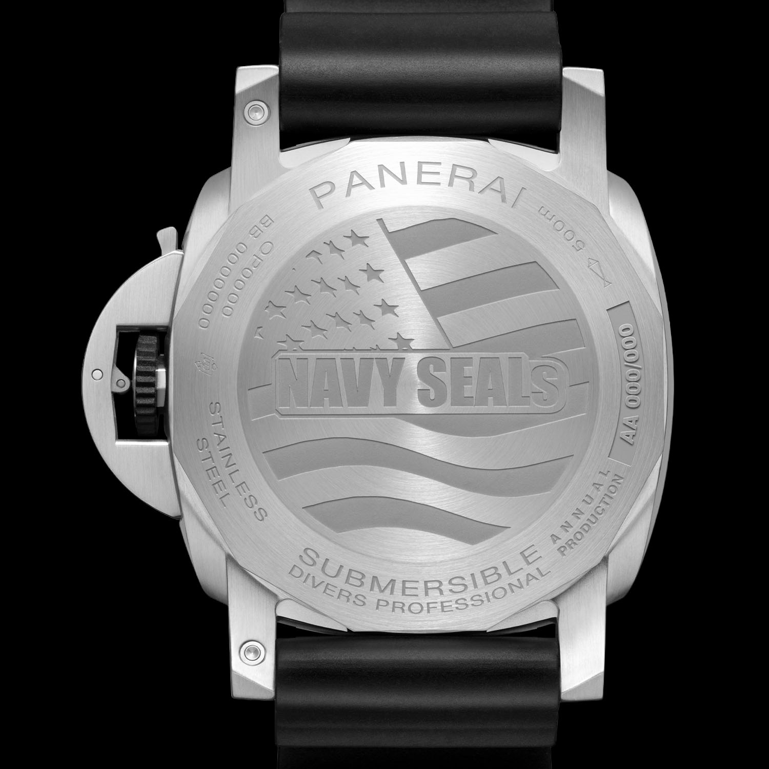 The twelve-sided steel caseback of the Panerai Submersible Navy SEALs PAM01738 engraved with the American flag and NAVY SEALS, around the words SUBMERSIBLE DIVERS PROFESSIONAL and the crown-protecting lever