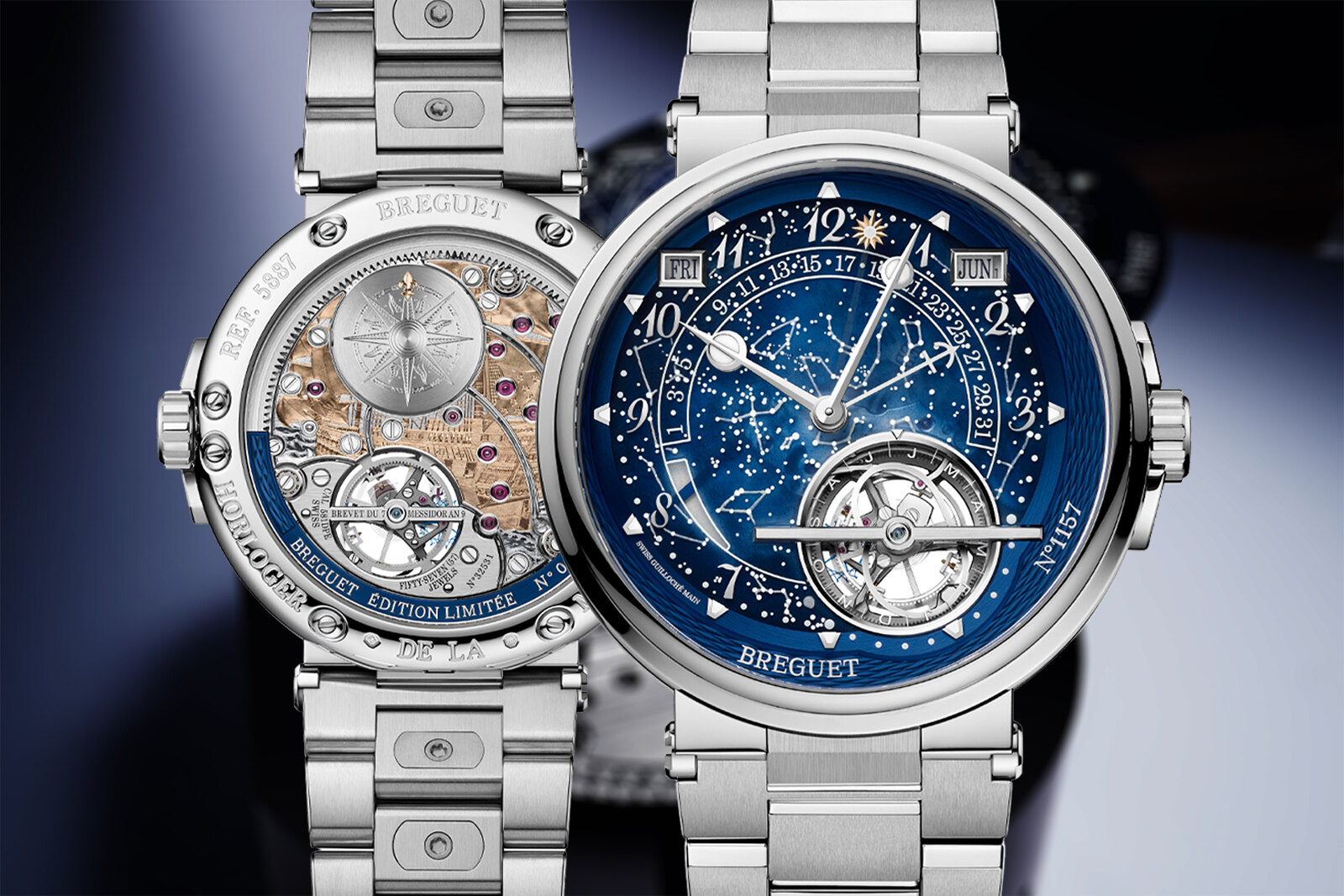 Front and caseback of the platinum Breguet Marine Tourbillon Equation Marchante 5887PT, the blue grand feu enamel sapphire dial showing the constellations with a tourbillon near six, the reverse engraved with the Royal Louis warship around the movement