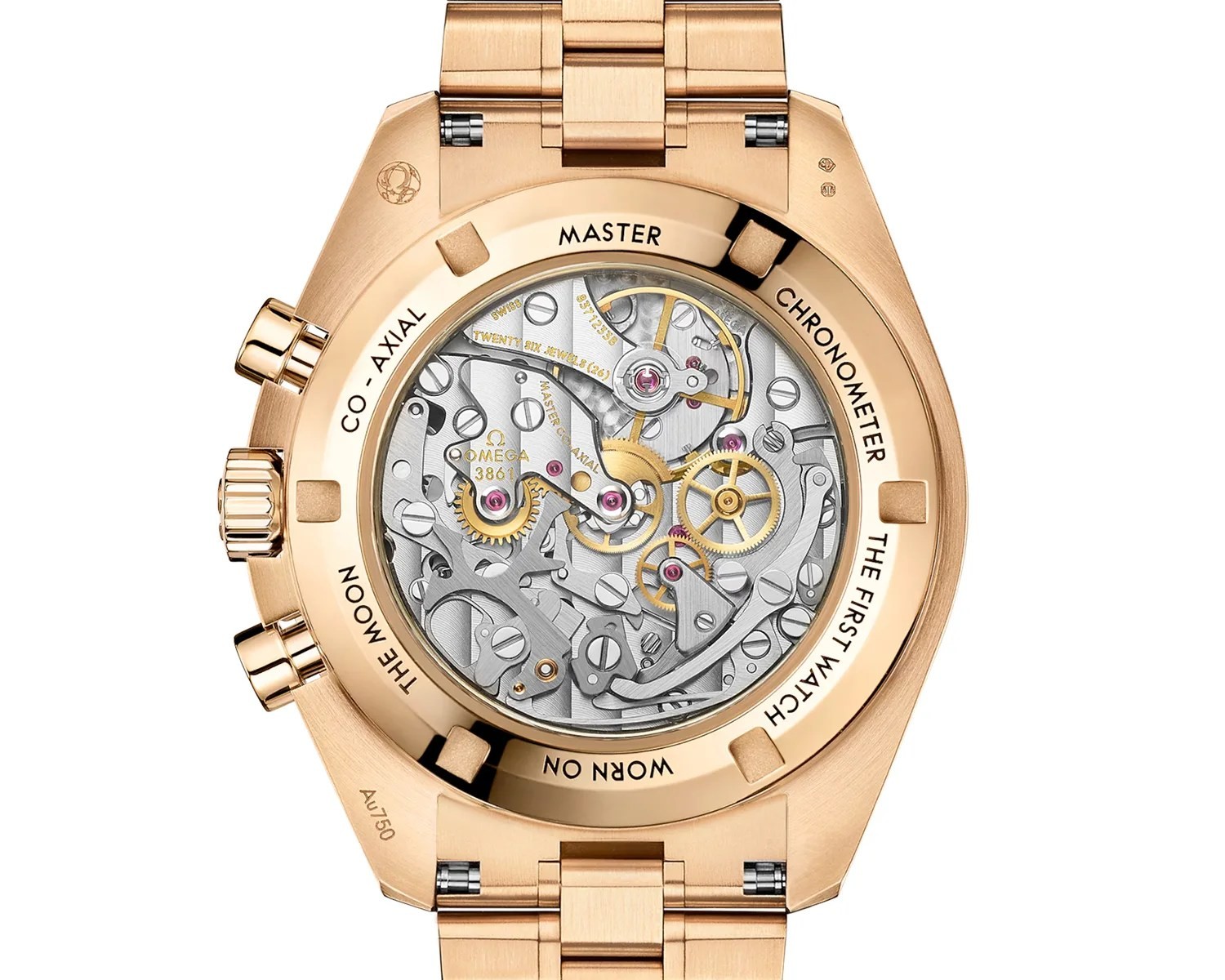 Calibre 3861 through the sapphire caseback of the Moonshine gold Speedmaster Moonwatch, rhodium-plated bridges and gold engraved ring reading Co-Axial Master Chronometer, The First Watch Worn On The Moon, with Au750 hallmark on the case flank