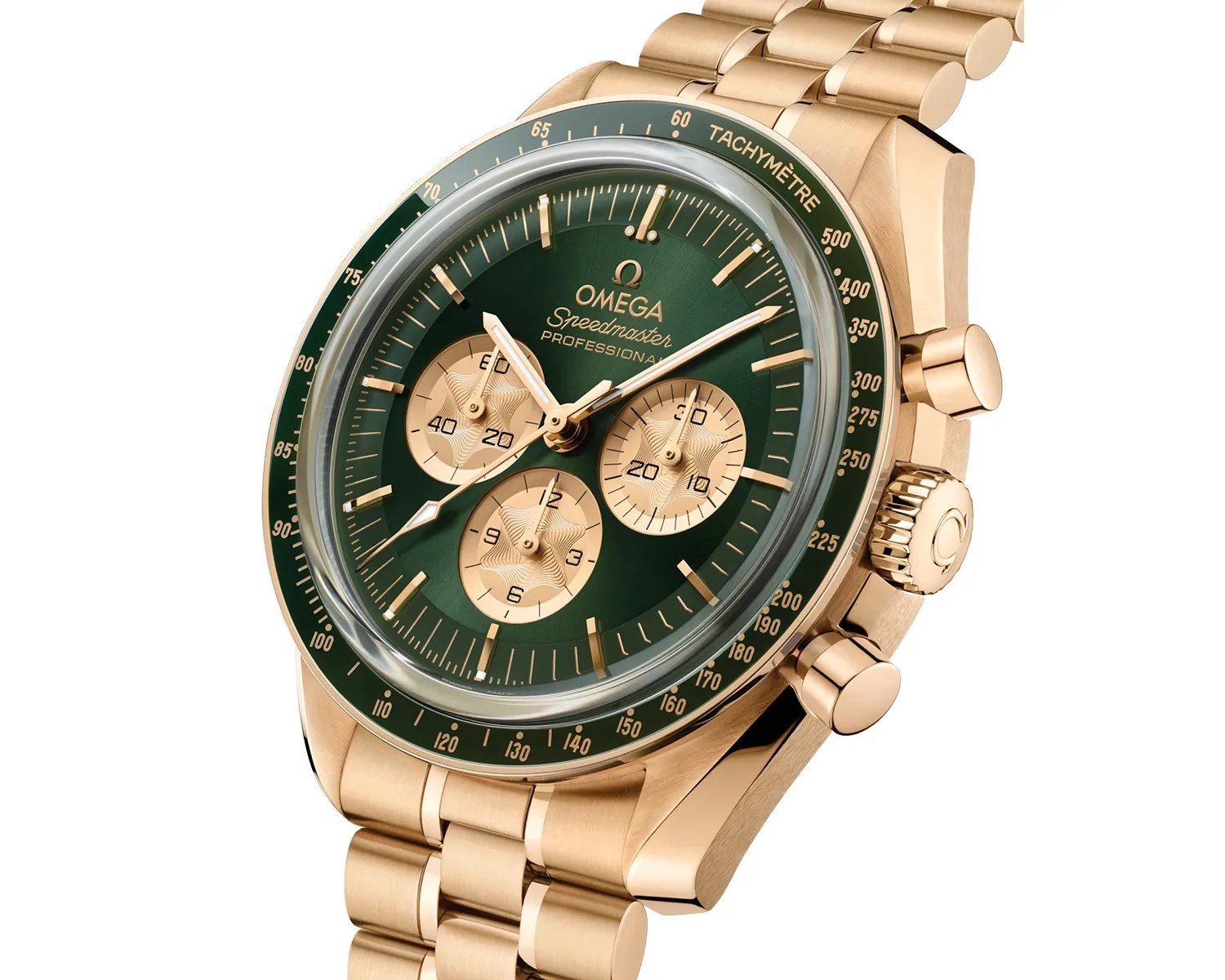 Side profile of the Speedmaster 310.60.42.50.10.002 showing the Moonshine gold crown and pushers, green ceramic tachymeter bezel and the gold subdials against the green sun-brushed dial