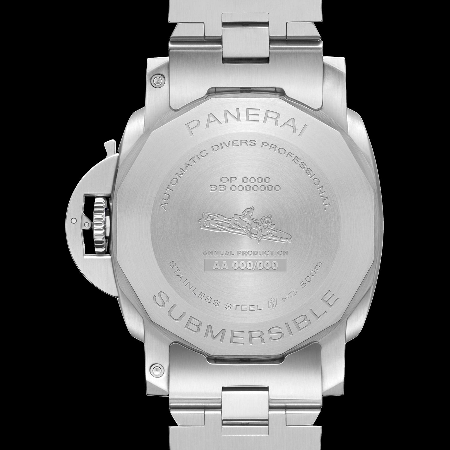 Solid steel caseback of the PAM01756 engraved PANERAI SUBMERSIBLE, AUTOMATIC DIVERS PROFESSIONAL, STAINLESS STEEL and 500m, with the frogman motif and annual production number, flanked by the steel bracelet and folding clasp