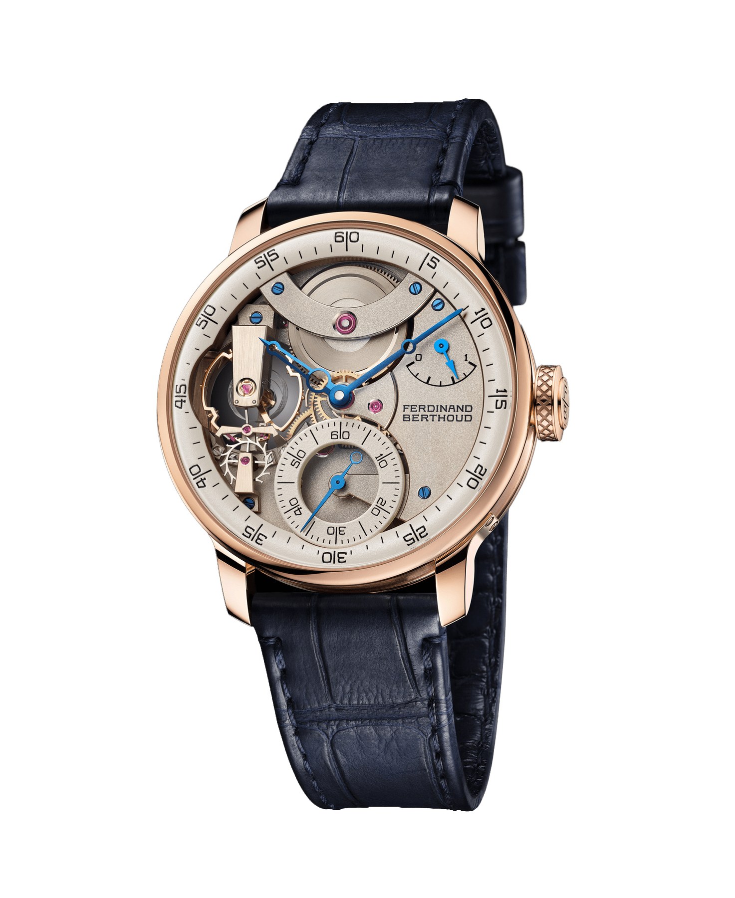 Ferdinand Berthoud Chronomètre FB 3SPC.2-1, 42.3mm 18k rose gold case, openworked dial showing the sandblasted nickel silver movement with gilded gear train, beige inner bezel ring, blue CVD-treated skeletonised hands, small seconds and power reserve, on a blue alligator strap