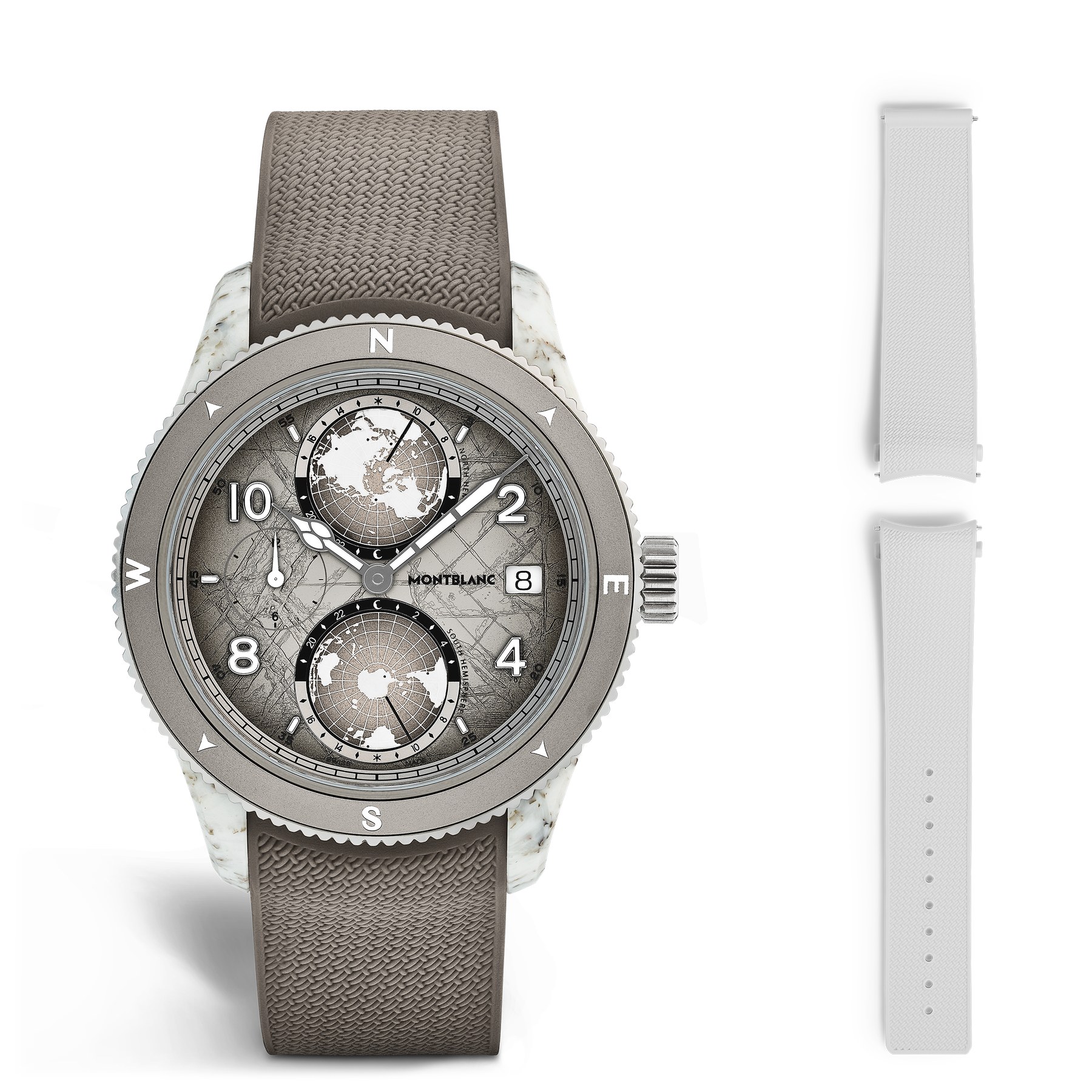 The Mount Elbrouz Geosphere on its light brown rope-pattern rubber strap alongside the second interchangeable ivory rubber strap supplied with the watch, with the second time zone counter at 9 o'clock visible on the dial