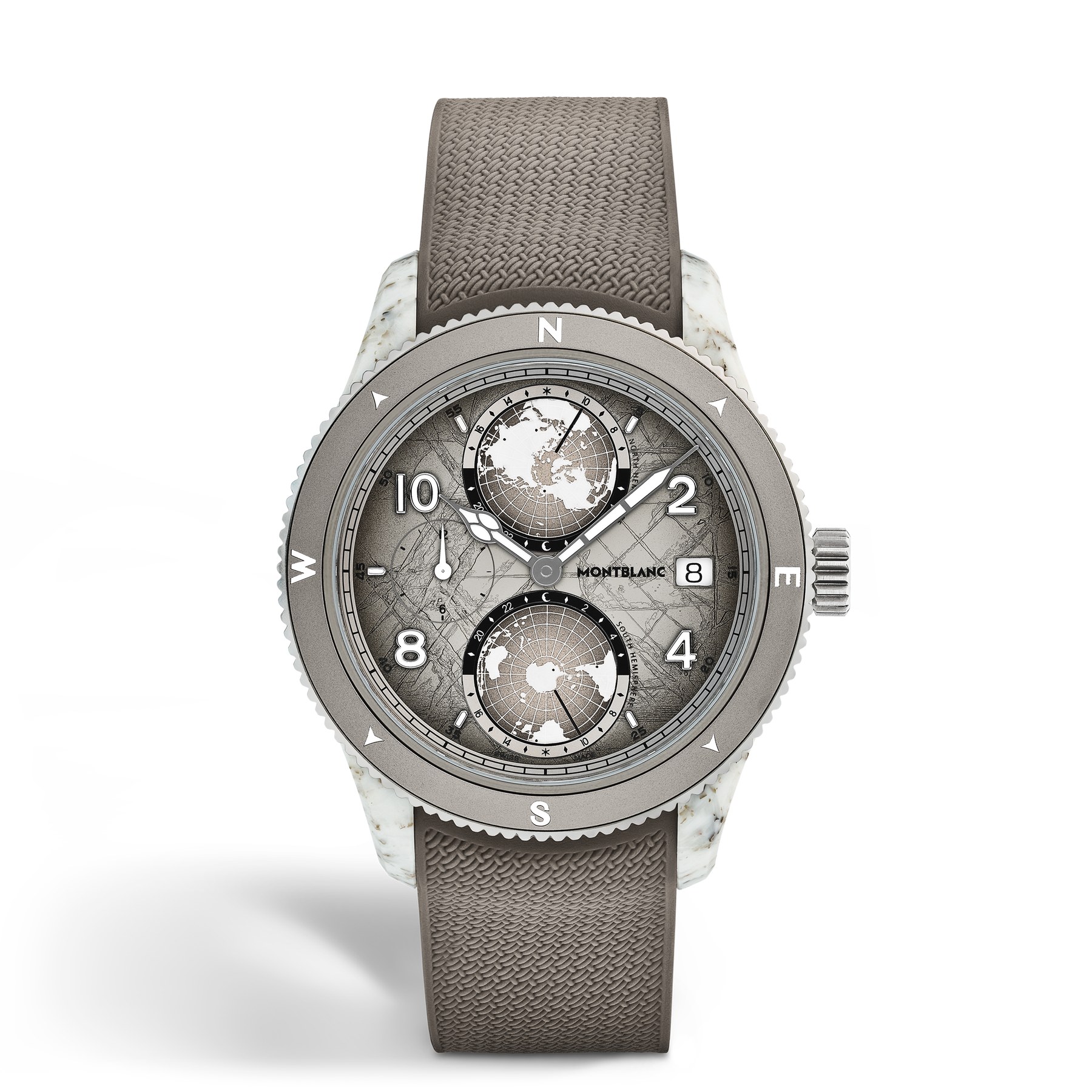 Montblanc 1858 Geosphere 0 Oxygen Mount Elbrouz ref. 136353, 43.5mm titanium case with grey anodised compass bezel marked N E S W, grey glacier-pattern dial with two rotating hemisphere globes and date at 3 o'clock, mottled white composite midcase visible at the flanks, on a light brown rope-pattern rubber strap