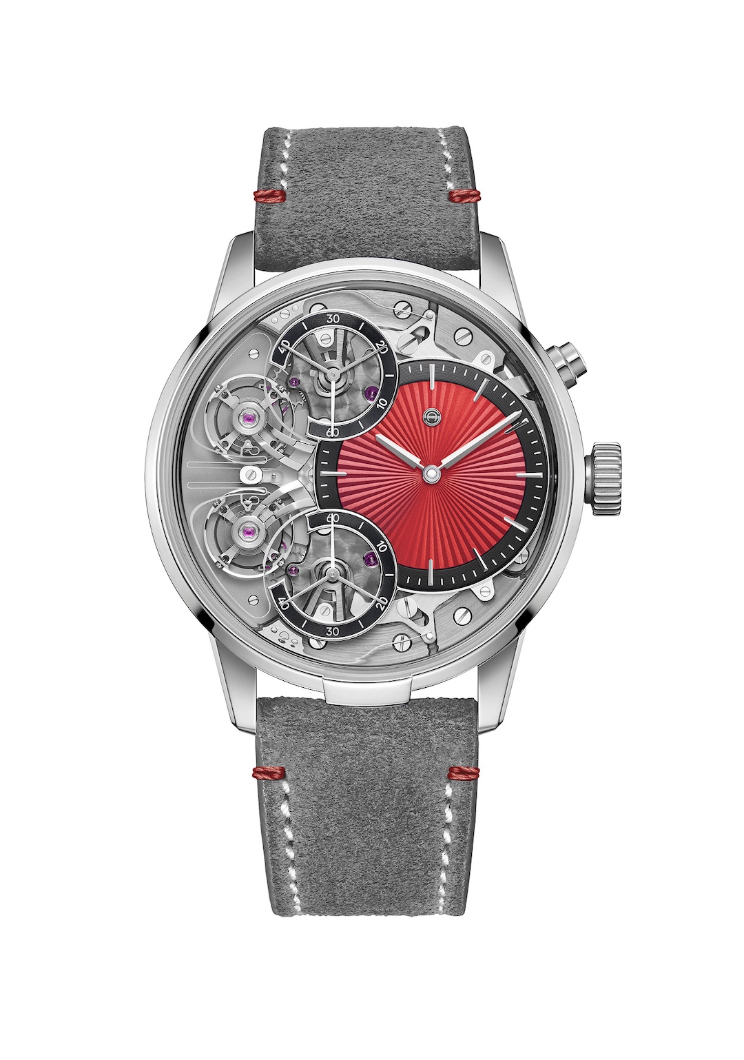 Front view of the Armin Strom Mirrored Force Resonance Red, the off-centre red guilloché dial at right with black azuré chapter rings and applied faceted markers, and the twin exposed balance wheels with black-ringed resonance regulation at left, on a grey Alcantara strap with red stitching