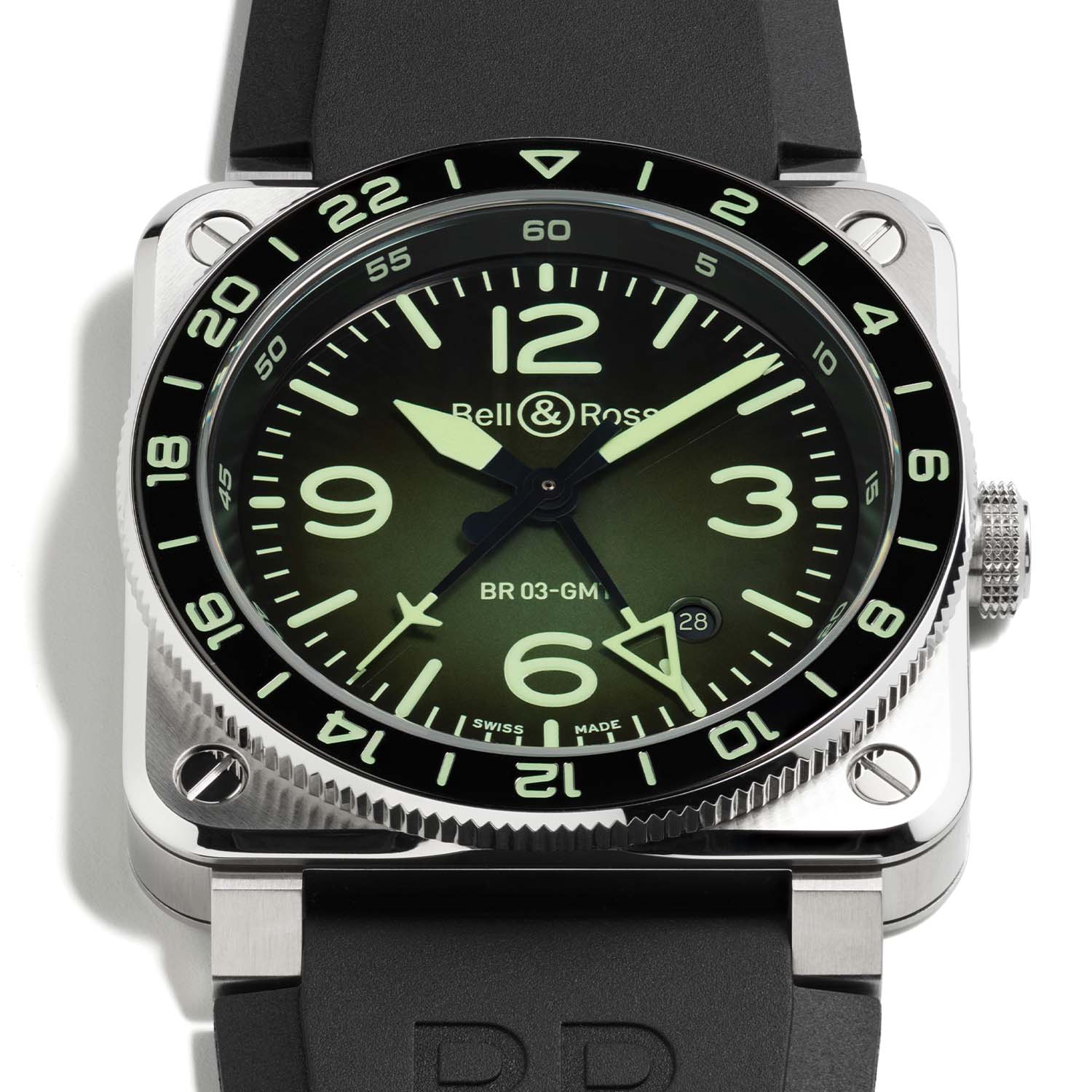 The BR-03 GMT Green Lum in the dark, dial numerals, hands and bezel scale glowing green from the Super-LumiNova C3