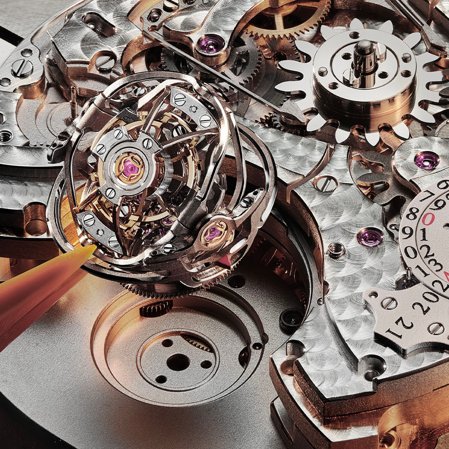 Macro of the triple-axis Heliotourbillon cage out of the case, titanium bridges and gold wheels visible around the balance, alongside the star-shaped calendar wheels and the 2026 year disc of the perpetual calendar mechanism