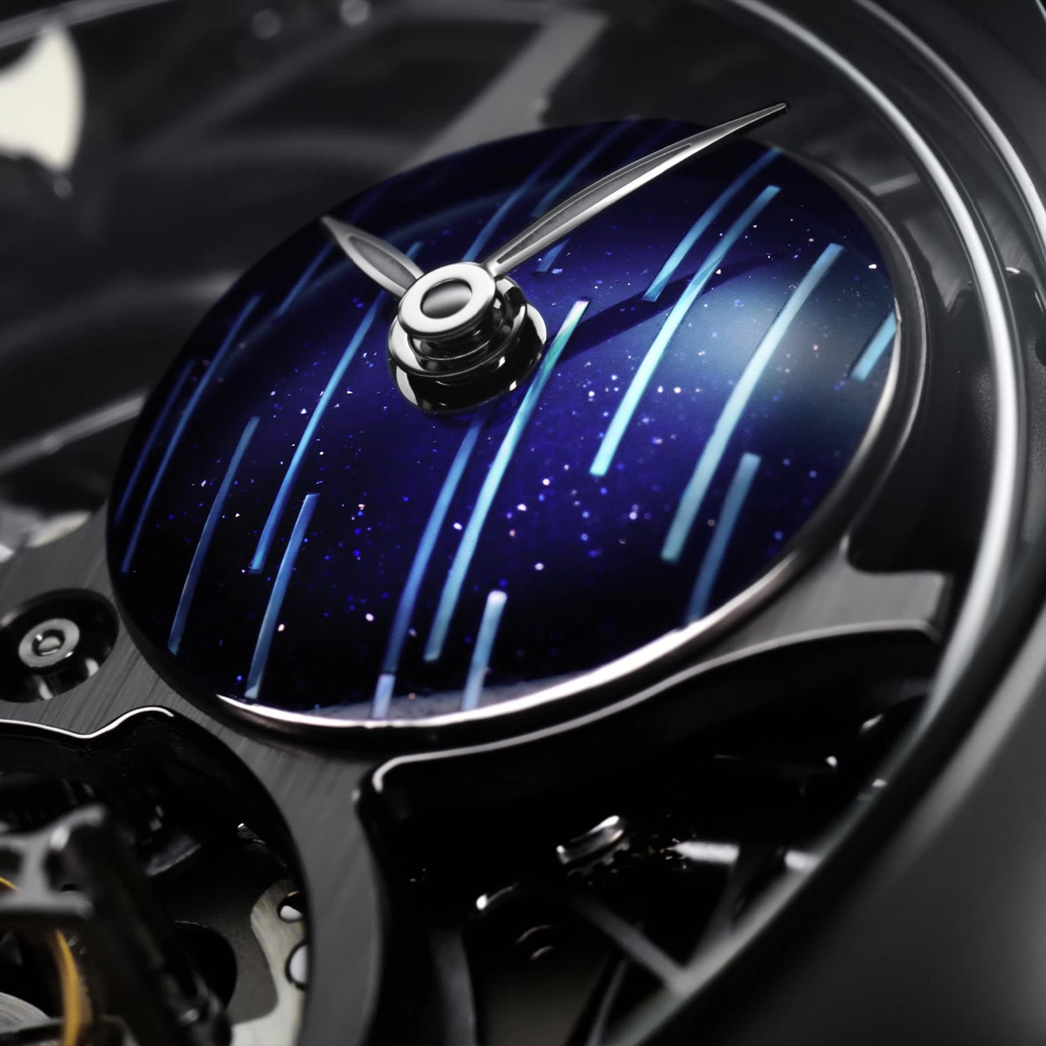 Macro of the Cosmic Rain sub-dial at two o'clock, a domed blue aventurine face streaked with mother-of-pearl to suggest falling meteors, with polished leaf-shaped hands and no indices