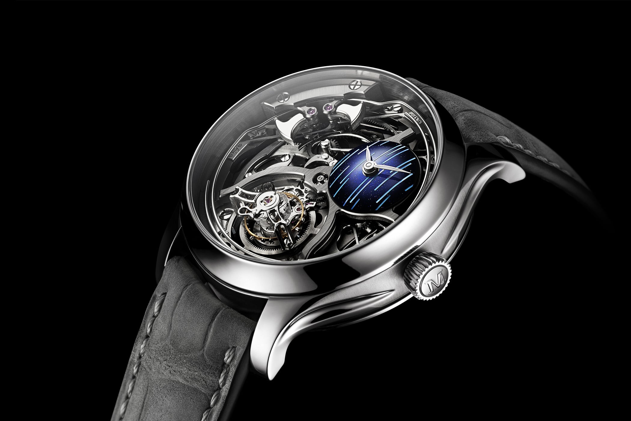 H. Moser & Cie. Endeavour Minute Repeater Cylindrical Tourbillon Skeleton Cosmic Rain, a polished titanium case over a fully skeletonised movement, with a domed blue aventurine sub-dial streaked with mother-of-pearl at two o'clock and a flying tourbillon at six, on a grey alligator strap