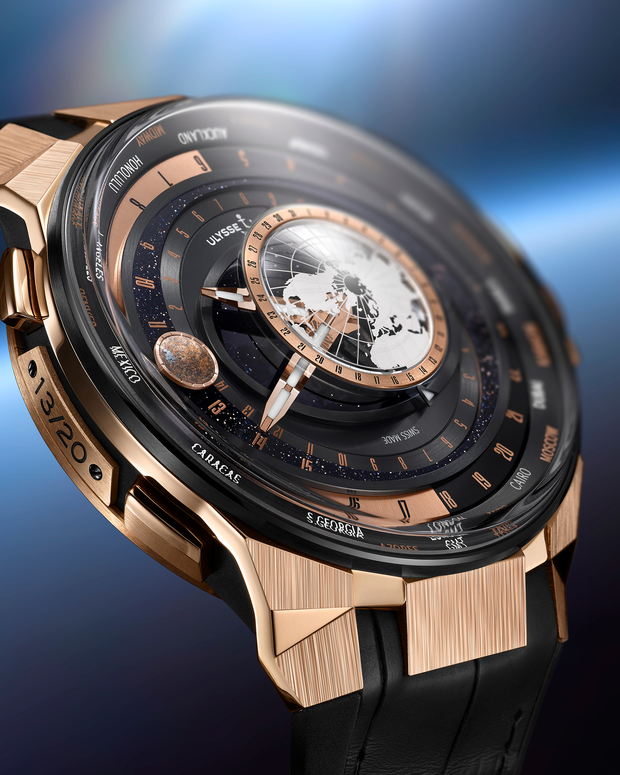 Ulysse Nardin Blast Moonstruck seen from above, the 13/20 limited-edition number engraved on the rose gold caseband, the domed Northern Hemisphere globe over an aventurine dial with the moon disc and worldtime ring