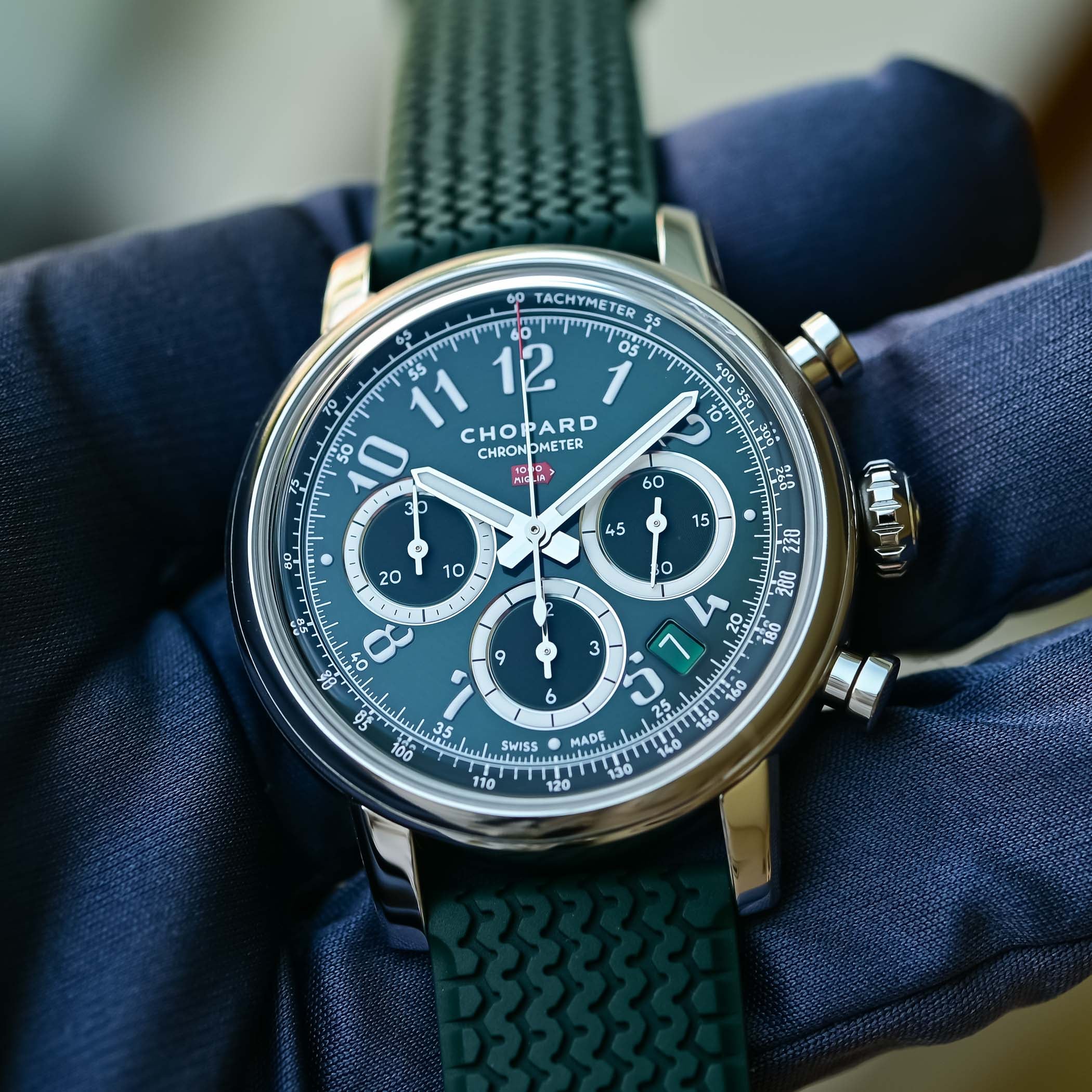 Chopard Mille Miglia Classic Chronograph British Racing Green, galvanic green dial with silver counters and a red-tipped chronograph hand, on a green tyre-tread rubber strap