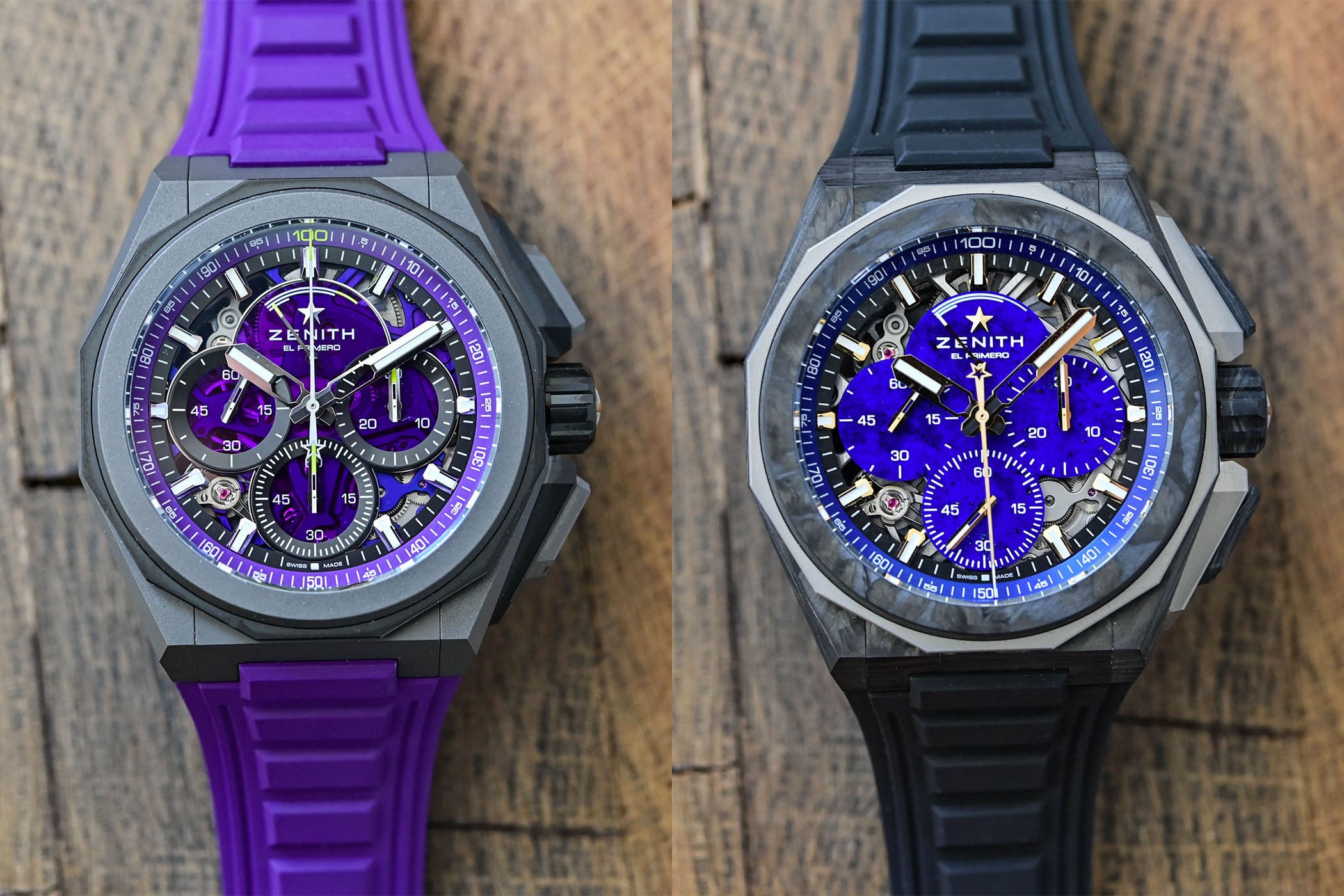 The Zenith Defy Extreme Lapis Lazuli II in forged carbon and titanium beside the Defy Extreme Ultraviolet in microblasted titanium, the blue lapis counters set against the violet sapphire dial
