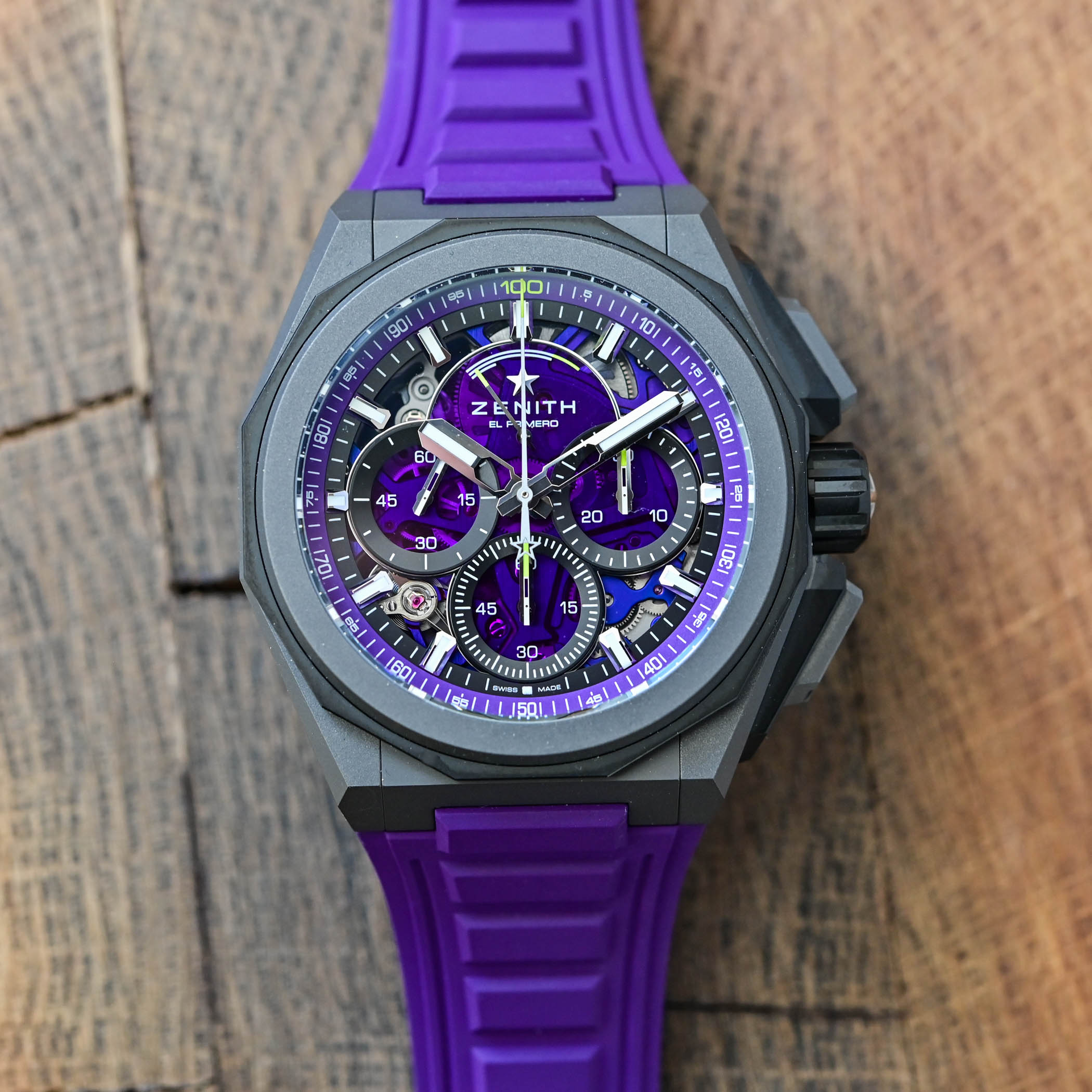 The Zenith Defy Extreme Ultraviolet, violet-tinted sapphire dial with purple chronograph counters over the openworked El Primero 9004, on a violet rubber strap