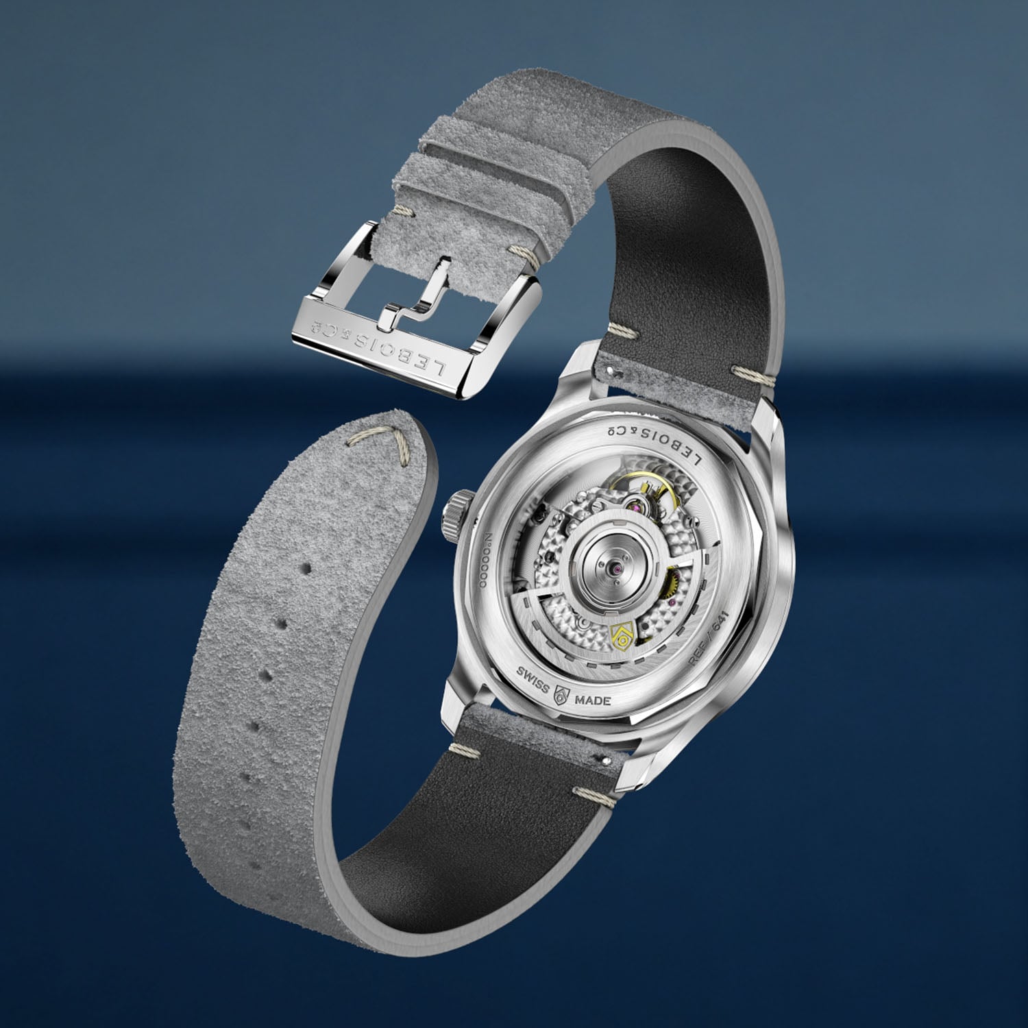 Caseback of the Lebois & Co Heritage Atelier, the LC-350 automatic movement visible through the sapphire, engraved Lebois & Co and Swiss Made with the leather strap and pin buckle
